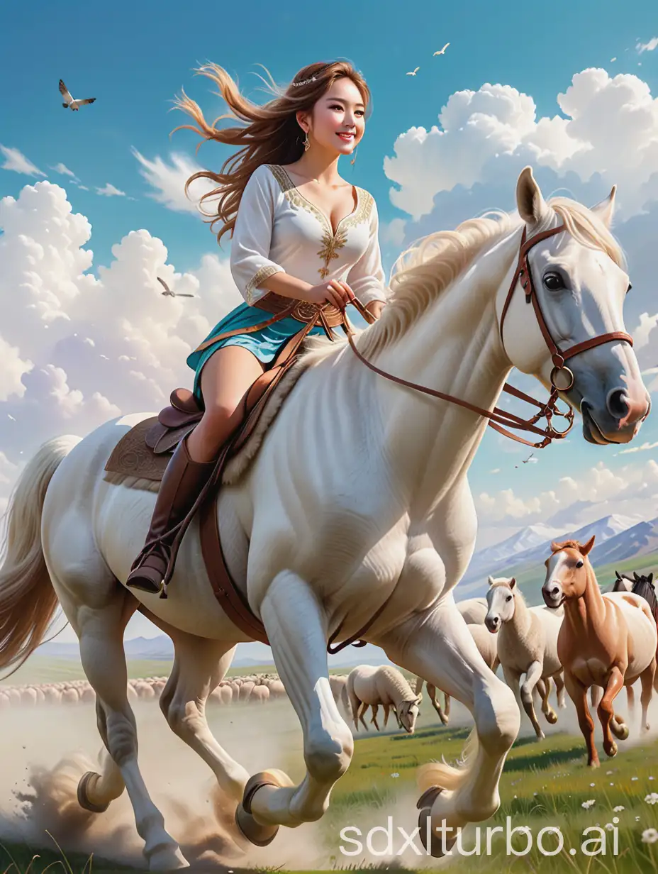 (masterpiece, best quality, ultra high res, photorealistic, realistic, raw photo, real person, photograph), (amazing, finely detail, an extremely delicate and beautiful,concept art), intricate detail, professional, official art,Kazakh girls, riding a white horse, is galloping on the grassland, raising a cloud of dust and flocks of sheep and shepherds on the grassland, big Chest, big, butt, (modern fashion background), studio, luxury, gorgeous, JoJo pose, Rings, earrings, necklace, bangle, closed smile, Low shutter, most beautiful artwork in the world, aesthetics, atmosphere, dynamic Angle,blue sky,

