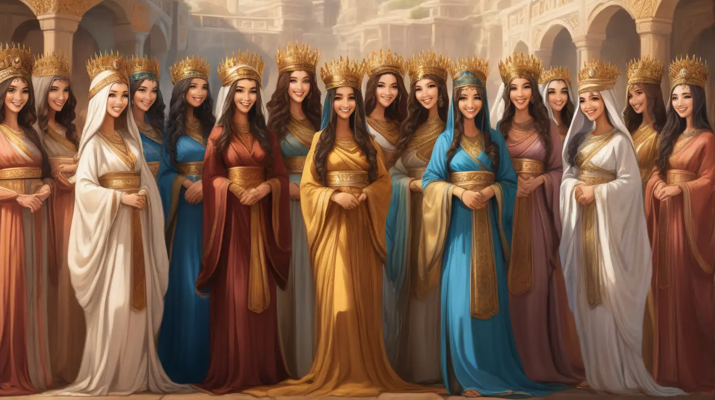 epoque biblique, le harem du roi avec 20 somptueuses femmes en tenue royale, robes manches longues, très beaux visages souriants, tête couverte par une coiffe de l'époque biblique qui couvre les cheveux