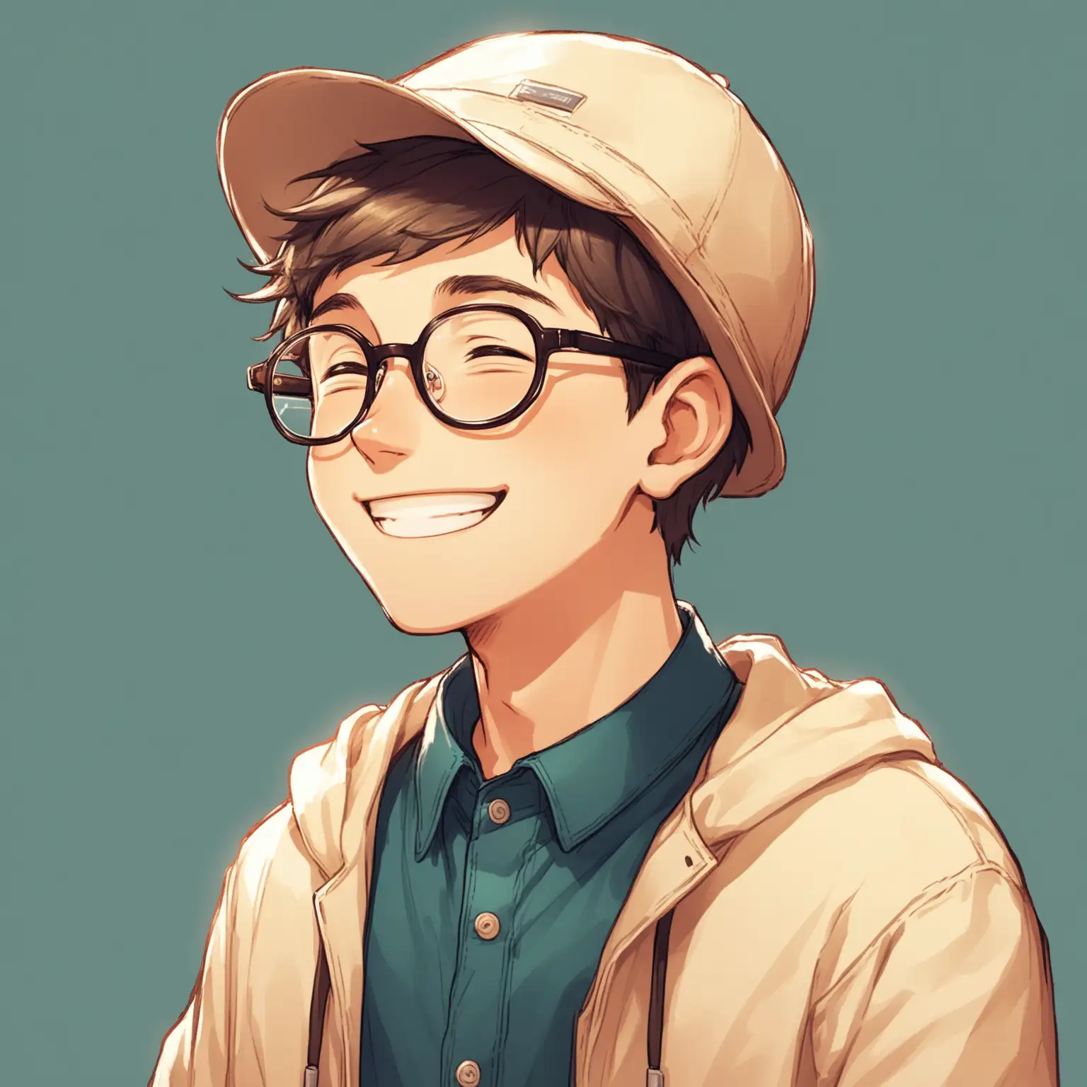 一个男孩，带着眼镜，气质阳光，微笑，戴帽子，程序员的感觉，侧脸