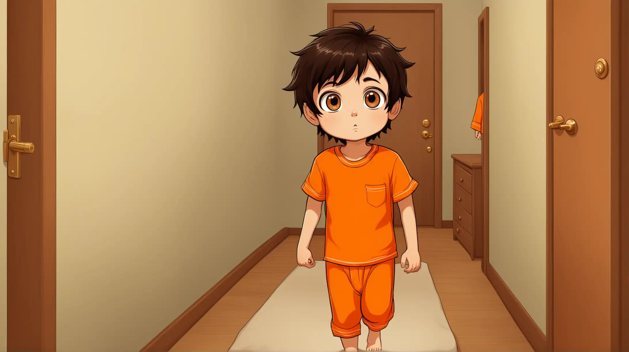 cartoon style little boy with brown eyes and dark hair in orange short sleeve pj's tip toes out of his room