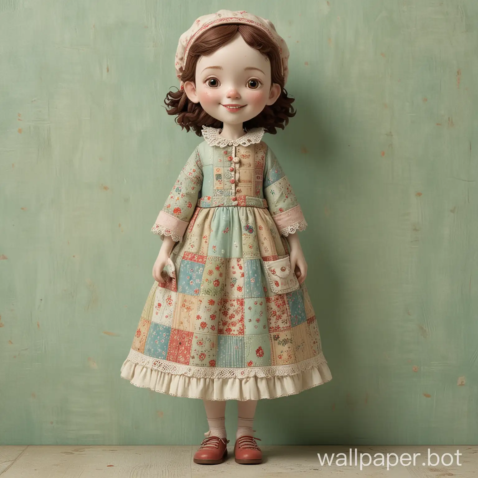charming little lady in full-length patchwork clothes. dynamic, smiling, with freckles. Cozy, soft tones on a mint light distressed background, art by Suzanne Woolcott, Mark Ryden. 3D, porcelain, gloss
