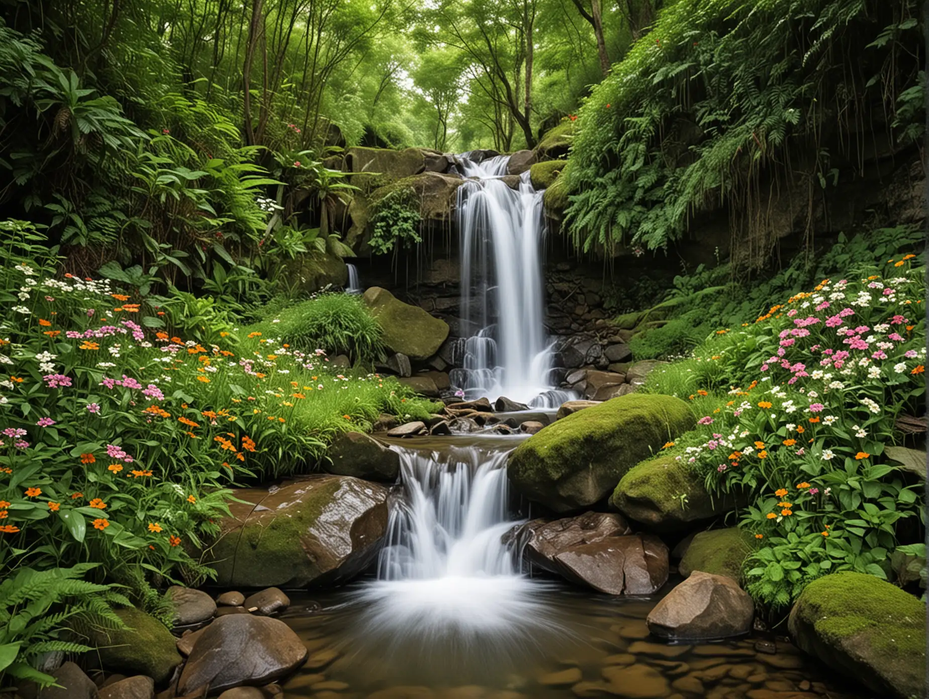Tranquil-Forest-Stream-with-Waterfall-and-Flowers