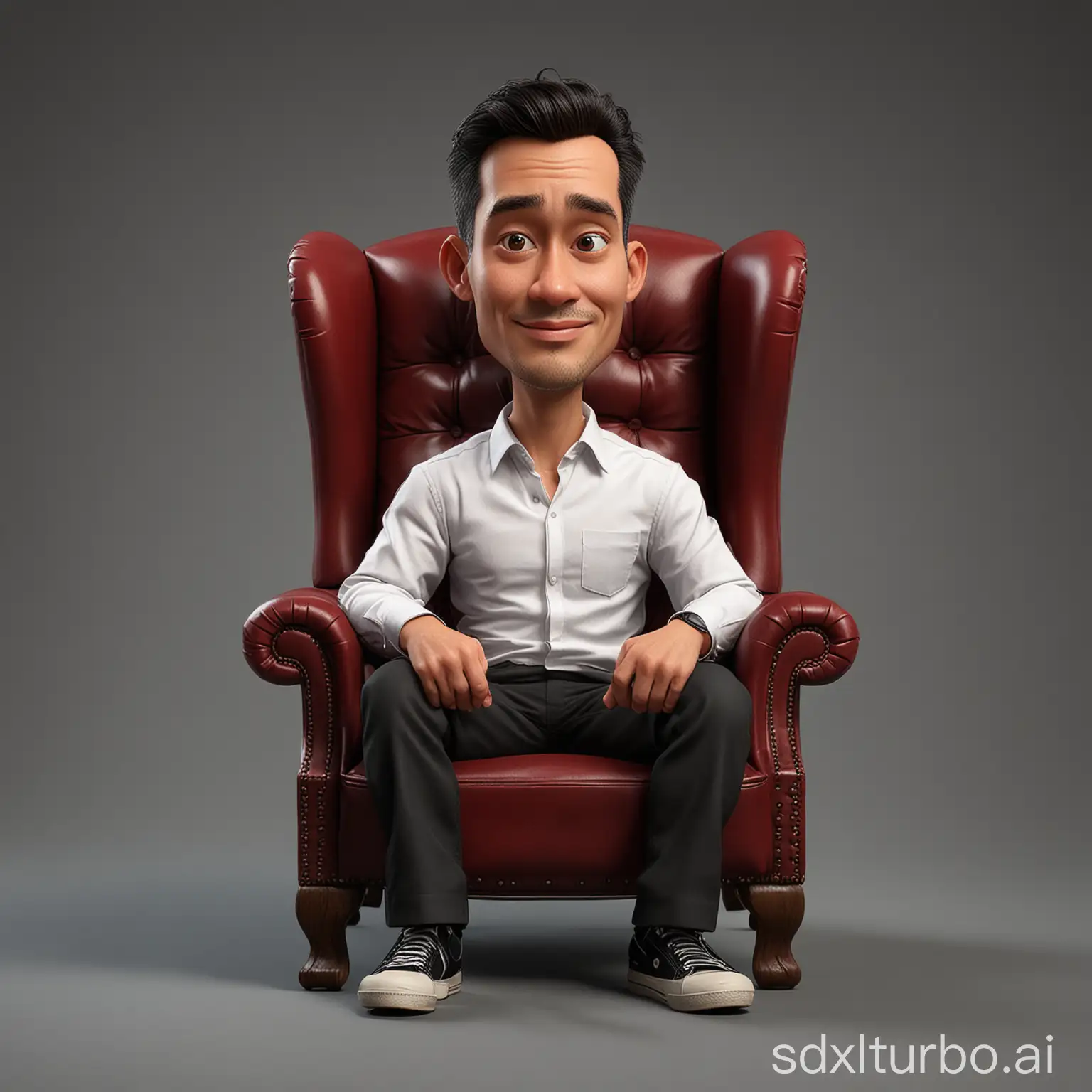 Create a caricature 3D Realistic Disney pixar style full body with a big head. an Indonesian male photographer, a 40 year old man, is sitting relaxed in a classic dark red wingback wooden chair, the wood texture is clear. Wearing a white t-shirt covered with a black suit, wearing black cloth trousers. Wearing white shoes sneakers. Sit with your legs crossed, your right hand holding a camera, your left hand placed on the edge of the chair. The background should contrast with the color of the chair and clothing,enhancing the overall composition of the picture. Use soft photography lighting, dramatic overhead lighting, very high image quality, clear character details, UHD, 16k.