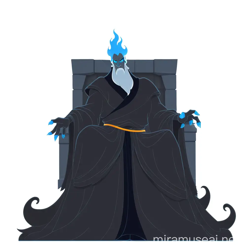 Hades from disney, on a black thrown, minimalist, vector art, colored illustration with a black outline. Hades appears as a blue-gray humanoid with flaming blue hair, wearing a black robe and a smoky base. He has yellow eyes sunken deep into their sockets and sharp teeth. Hades is the villain from hercules (disney).