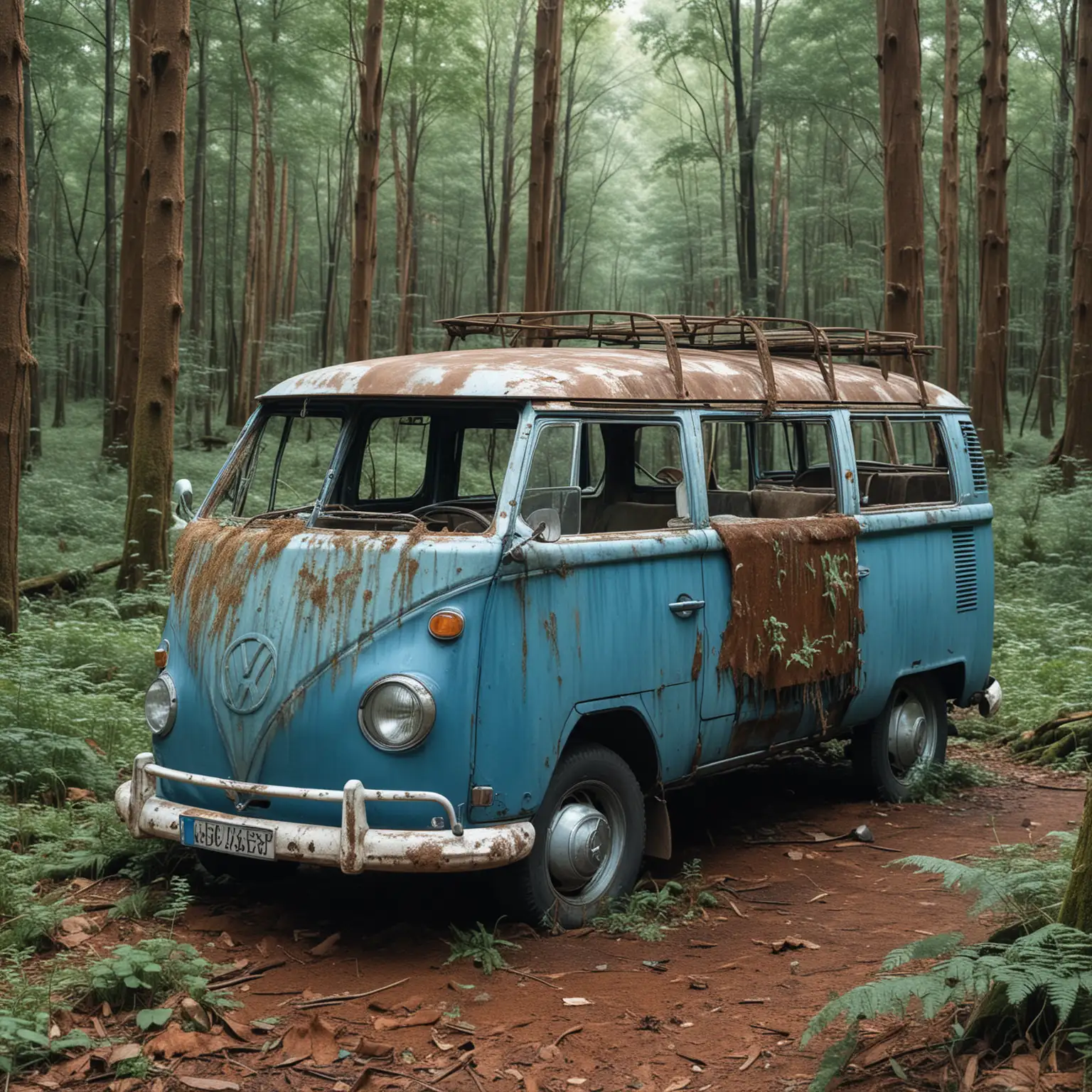 Draw a scene of a decaying 1966 Volkswagen Transporter T1 abandoned in a forest clearing. The blue paint is faded, and rust covers its frame. A  skeleton rests in the passenger seat. Surrounding the scene, nature is reclaiming the area with overgrowth.