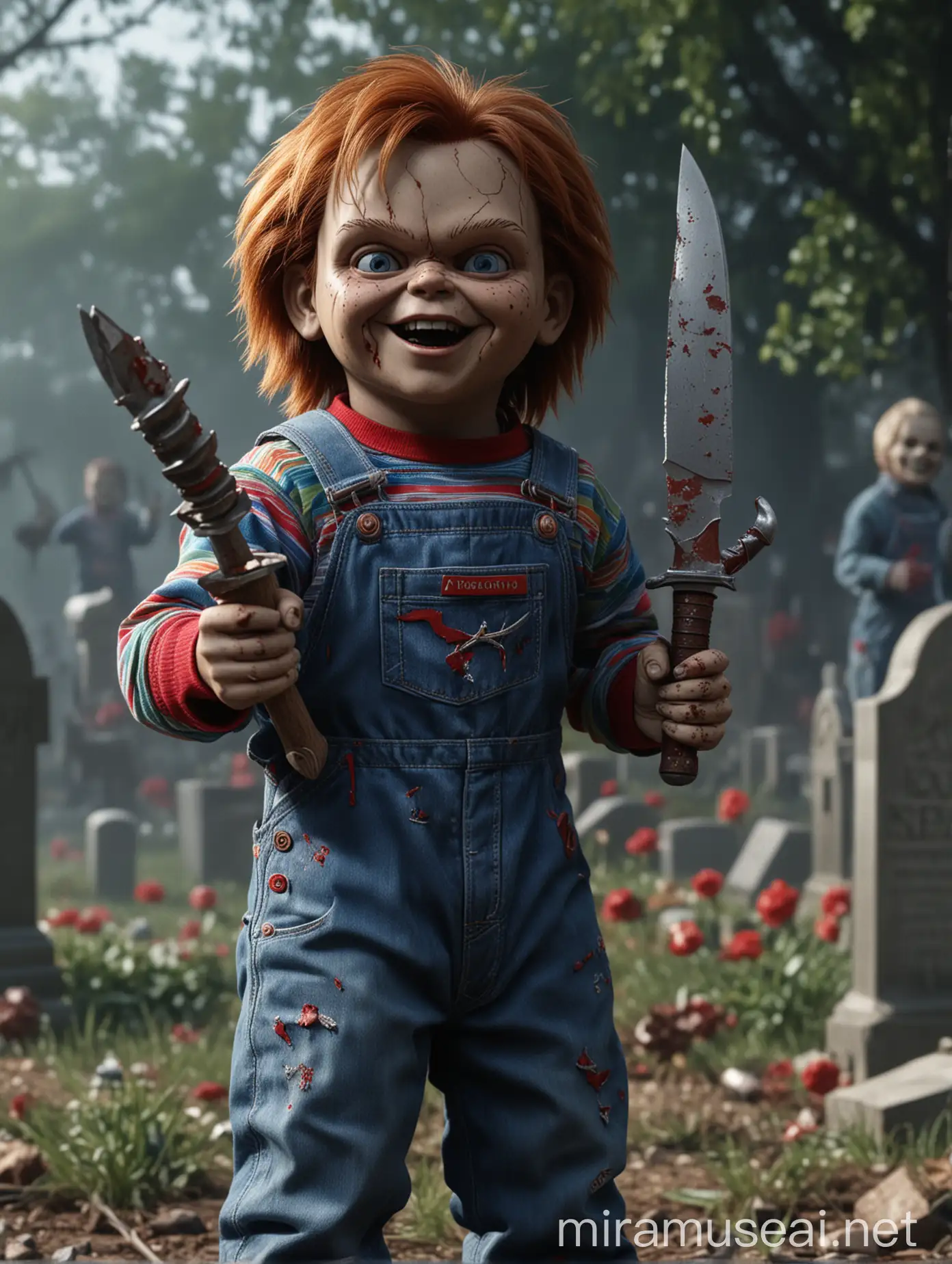 Chucky from Childs Play Standing in Graveyard with Amulet and Knife