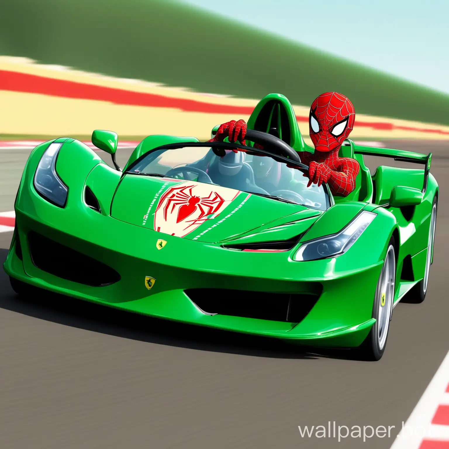 a big spidermann driving a green ferrari racecar