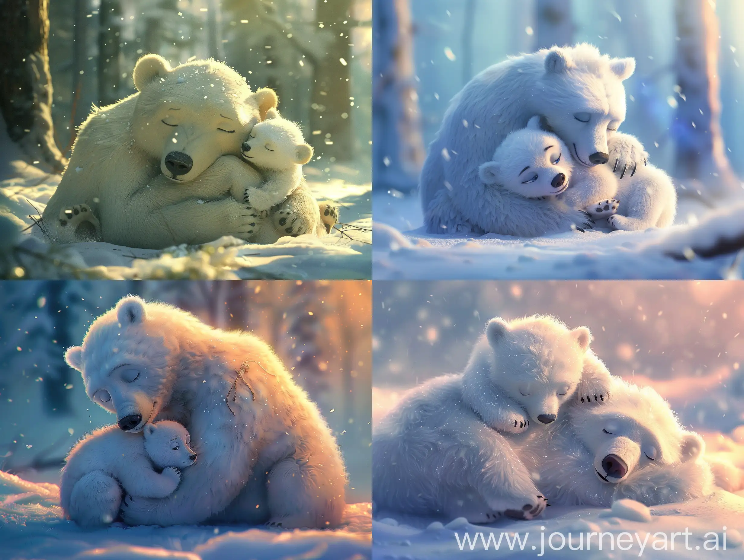 Heartwarming-Scene-of-a-Baby-Bear-Comforting-Injured-Mother-in-Snowy-Setting