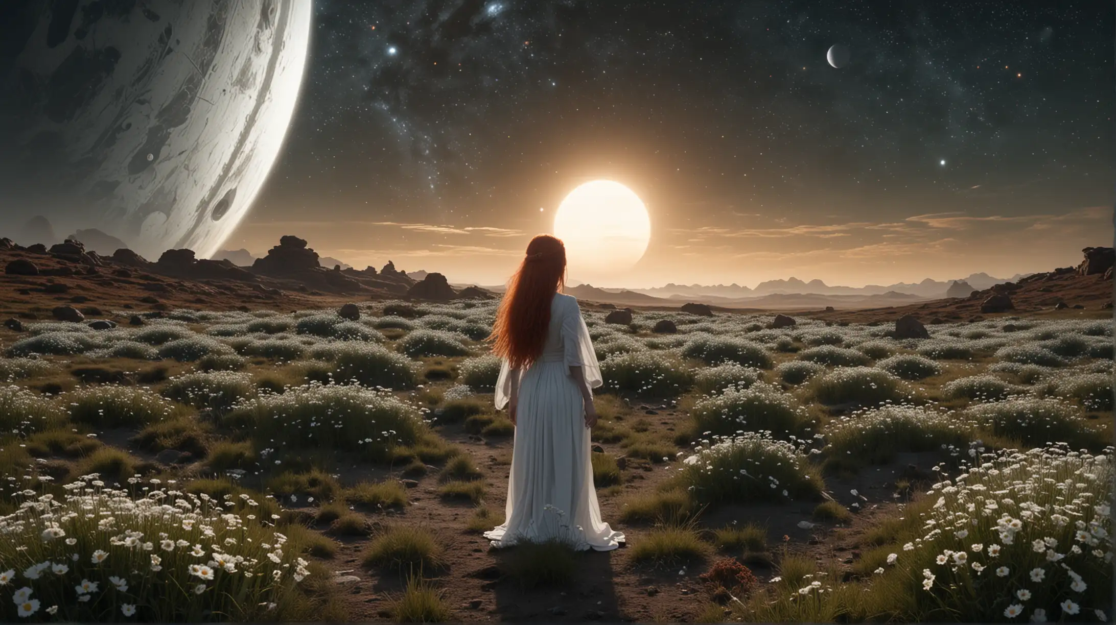 A serene night scene set on an alien planet. In the foreground, a woman with long red hair, wearing a flowing white dress, stands in a vast field of softly glowing plants. Beside her, a small white animal, resembling a fox, accompanies her. The sky is filled with a dense blanket of stars, and several celestial bodies are visible: a large planet with visible rings on the left, a glowing white symbol resembling an eye in the center, and a dark, eclipsed planet on the right. The curvature of the large planet suggests a horizon, adding depth to the cosmic landscape. The overall atmosphere is peaceful and otherworldly, with a sense of exploration and wonder.