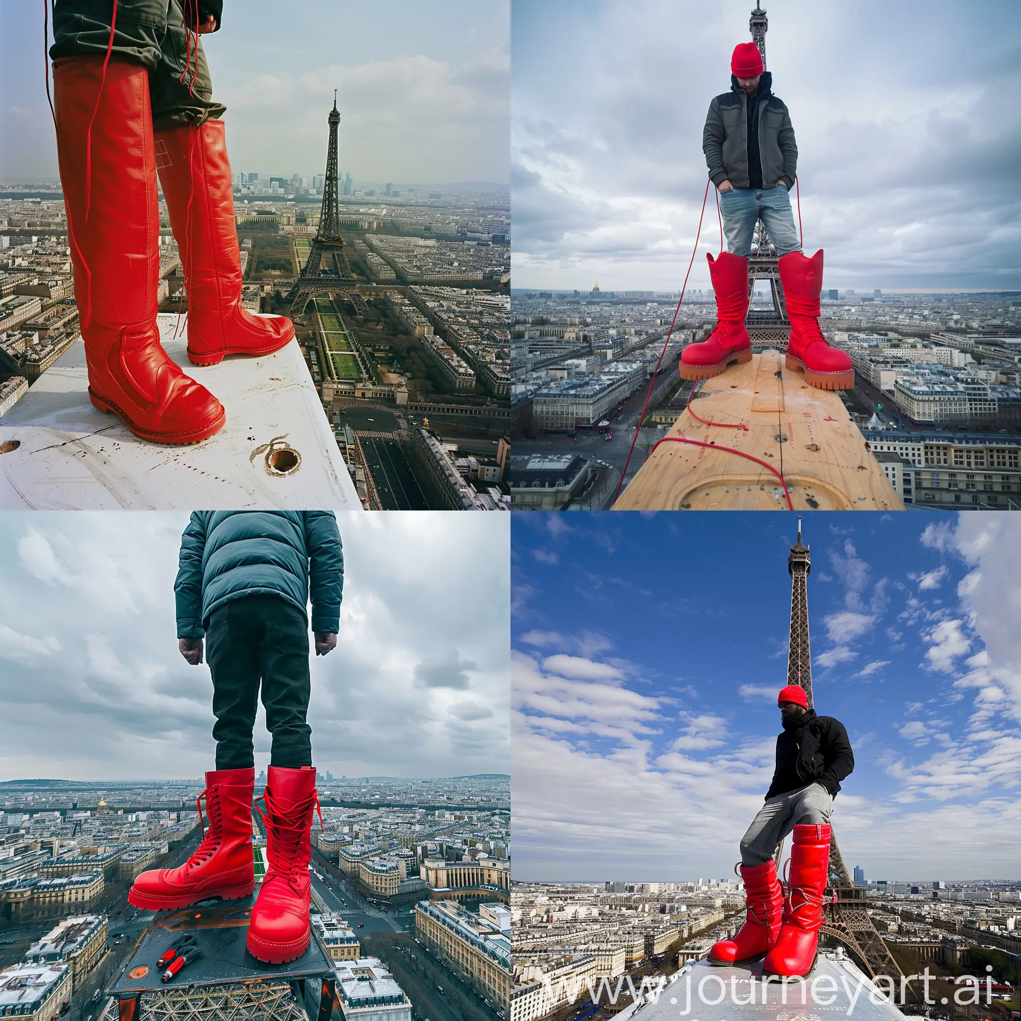 A man in big red boots on top of the Eiffel Tower