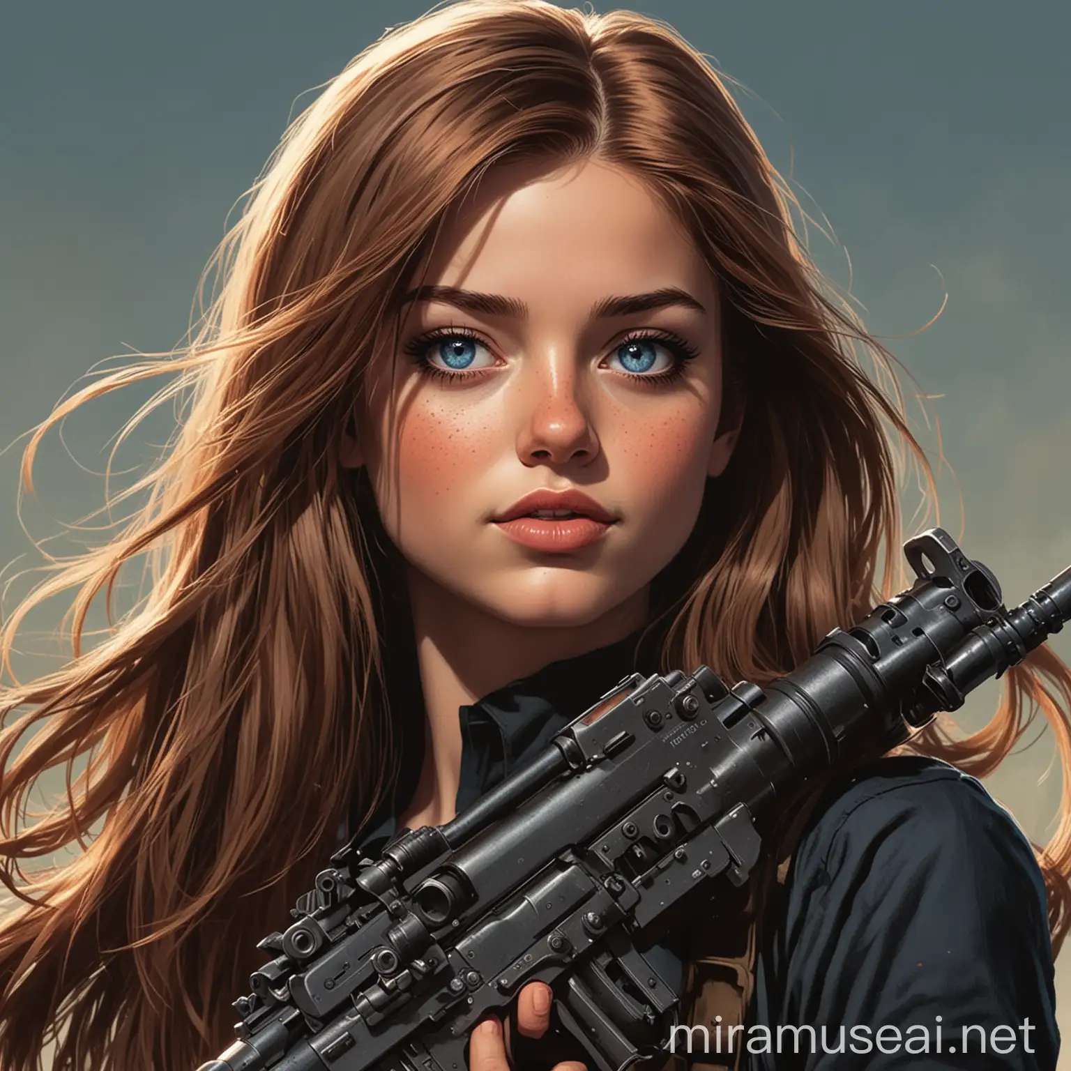 Girl with snub nose, round face, blue eyes, long brown straight hair wearing a black top with a machine gun. Marvel comic book style