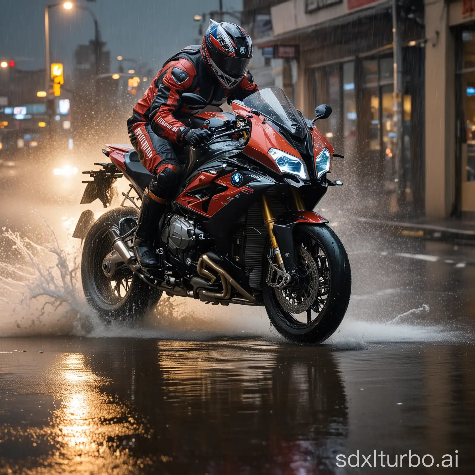 A motorcyclist, dressed in a waterproof racing suit and a streamlined helmet, rides his iconic BMW S1000RR through a torrential downpour on a slick urban road at night. The motorcycle's LED headlights pierce through the rain, illuminating the path ahead. The neon lights and store displays along the street create a kaleidoscope of colors refracted by the raindrops. As the tires skim across the puddles, they kick up towering splashes of water. The rider leans forward, embodying a unified posture with his bike, his face displaying a look of intense focus and exhilaration. The entire scene is imbued with a sense of speed and adventure.