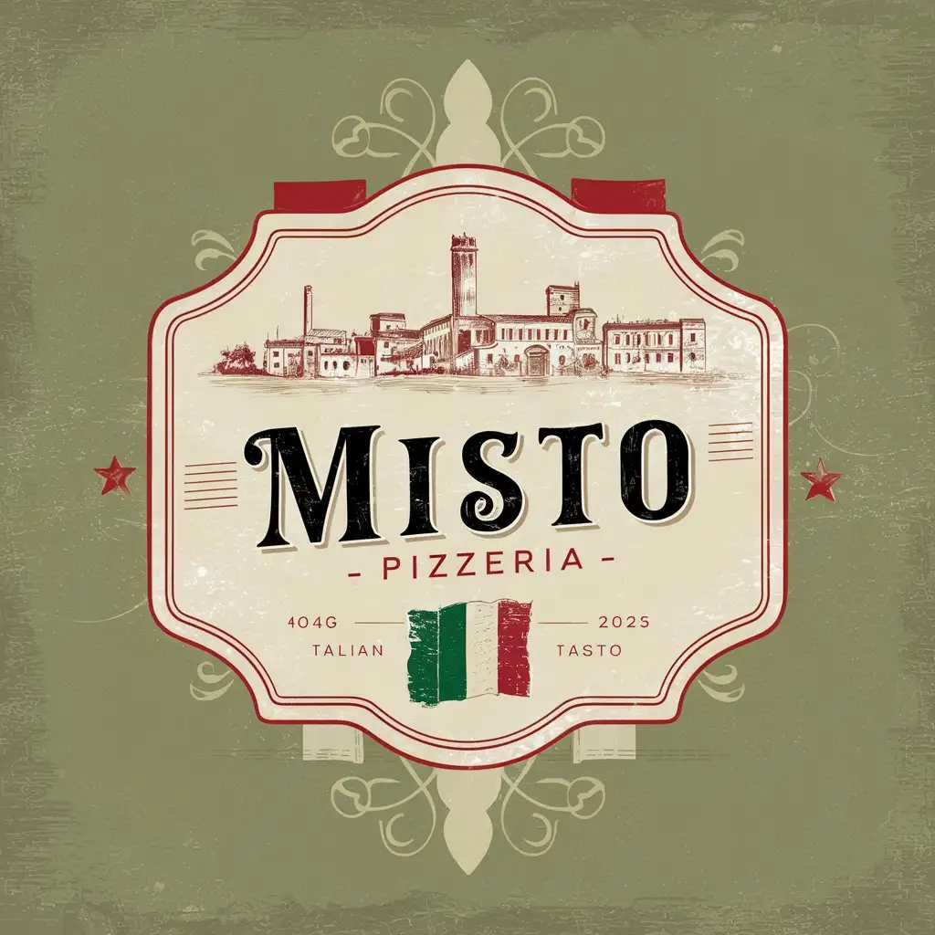 Misto Pizzeria, Emblem, Minimal, Classic Design, Old school, Vintage, Sketched Italian City, Italian colors, EST 2024 , Italy flag , Illustrator, Ornament, Badge