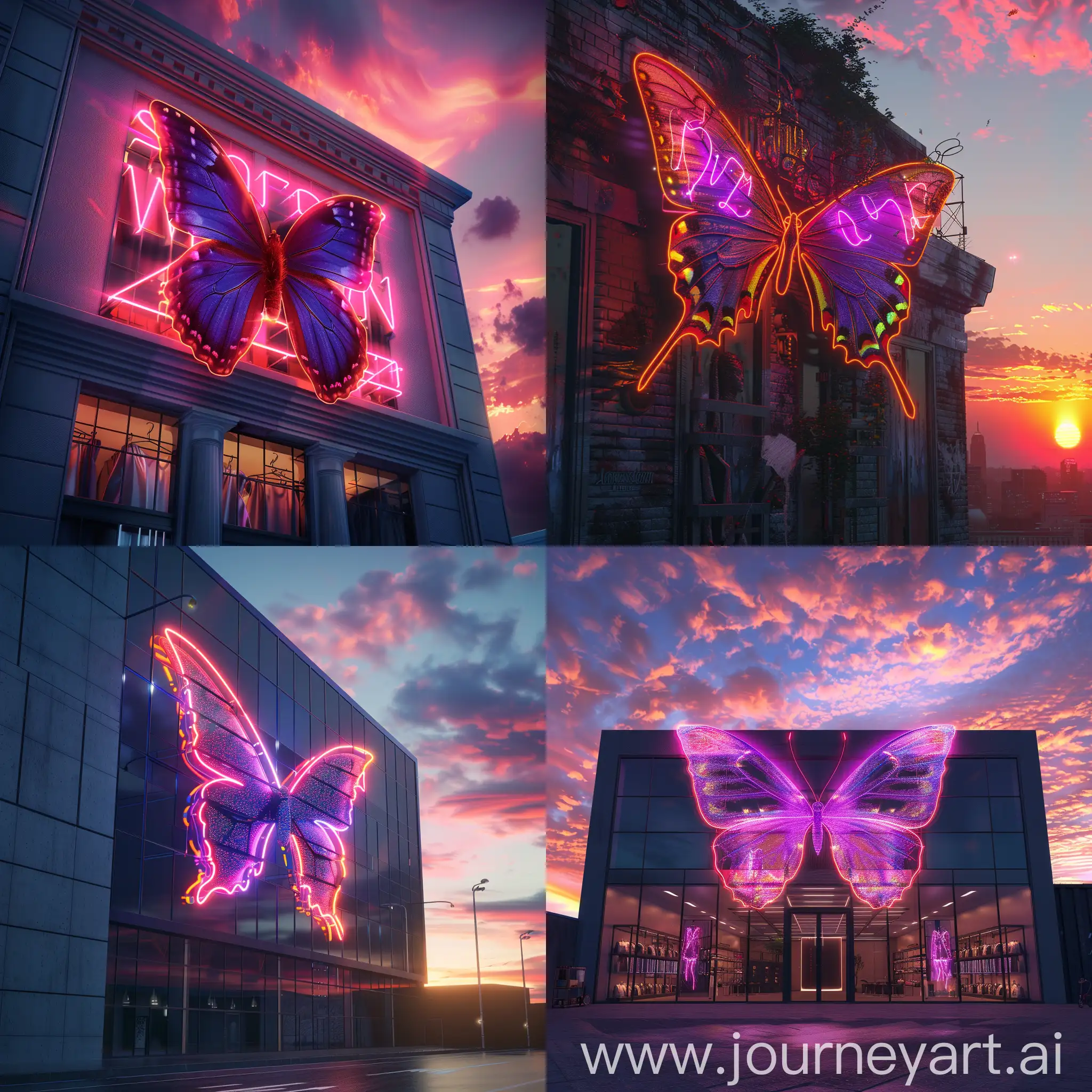 butterfly pfotorealistic fashion building exterior 4k neon sunset sky