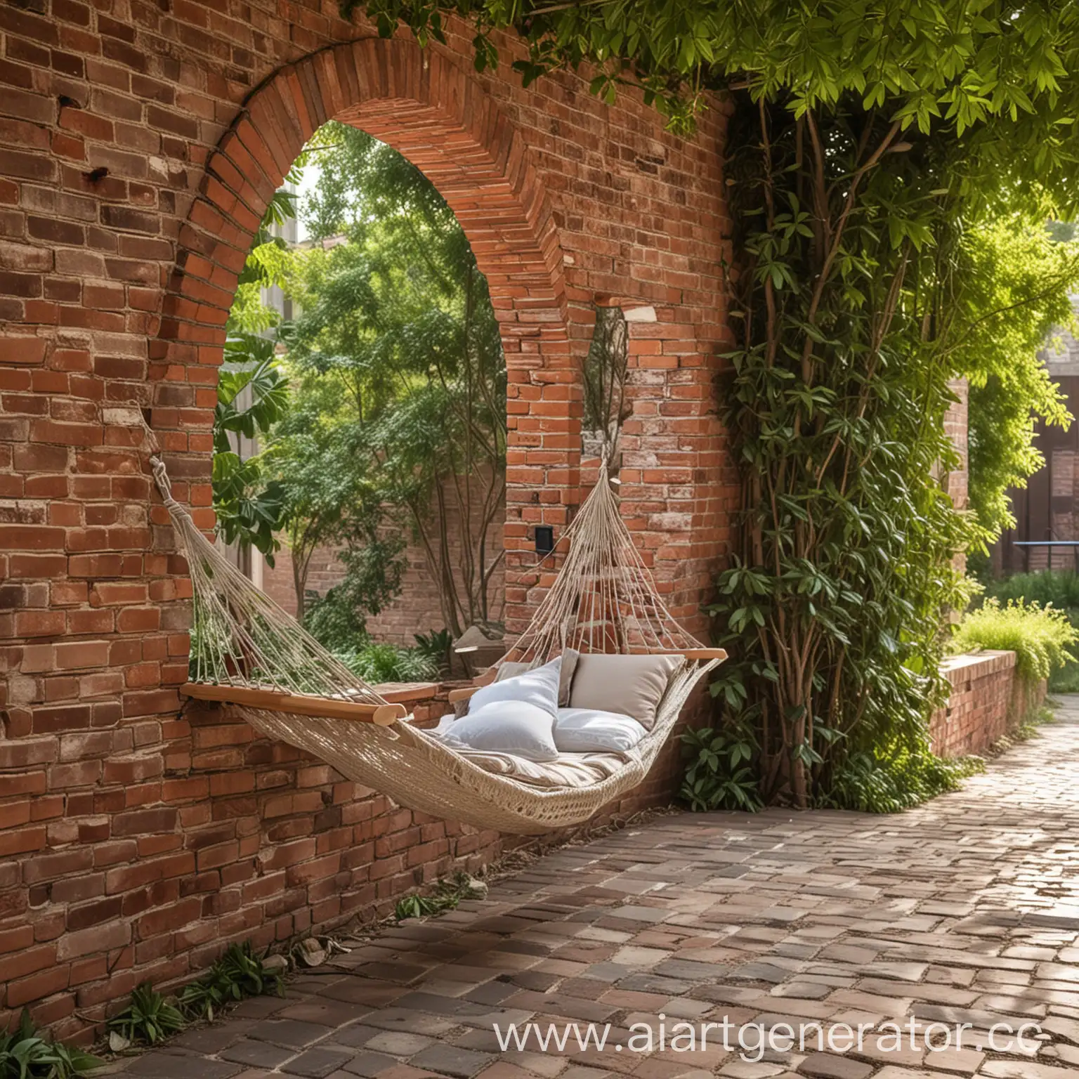 TThe hammock is located between the wall and two brick columns with the background of a brick wall, in the shape of a triangle
There's shade there and you can hide from the sun
To make it comfortable for those who read books to read
The desire to relax, get distracted and read books in the shade is the motivation to visit
Young people, teenagers and children will visit the hammock
Develops the culture and erudition of young people