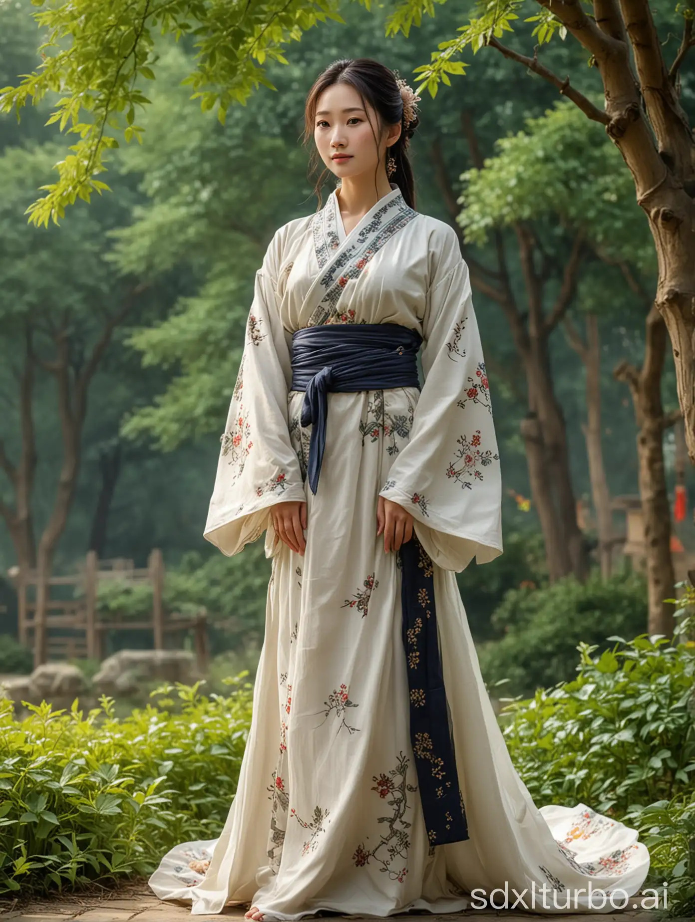 Eastern Han-style clothing, full-bodied figure, full body photograph, artistic photography, exquisite details, high-definition pixels, classical garden background.