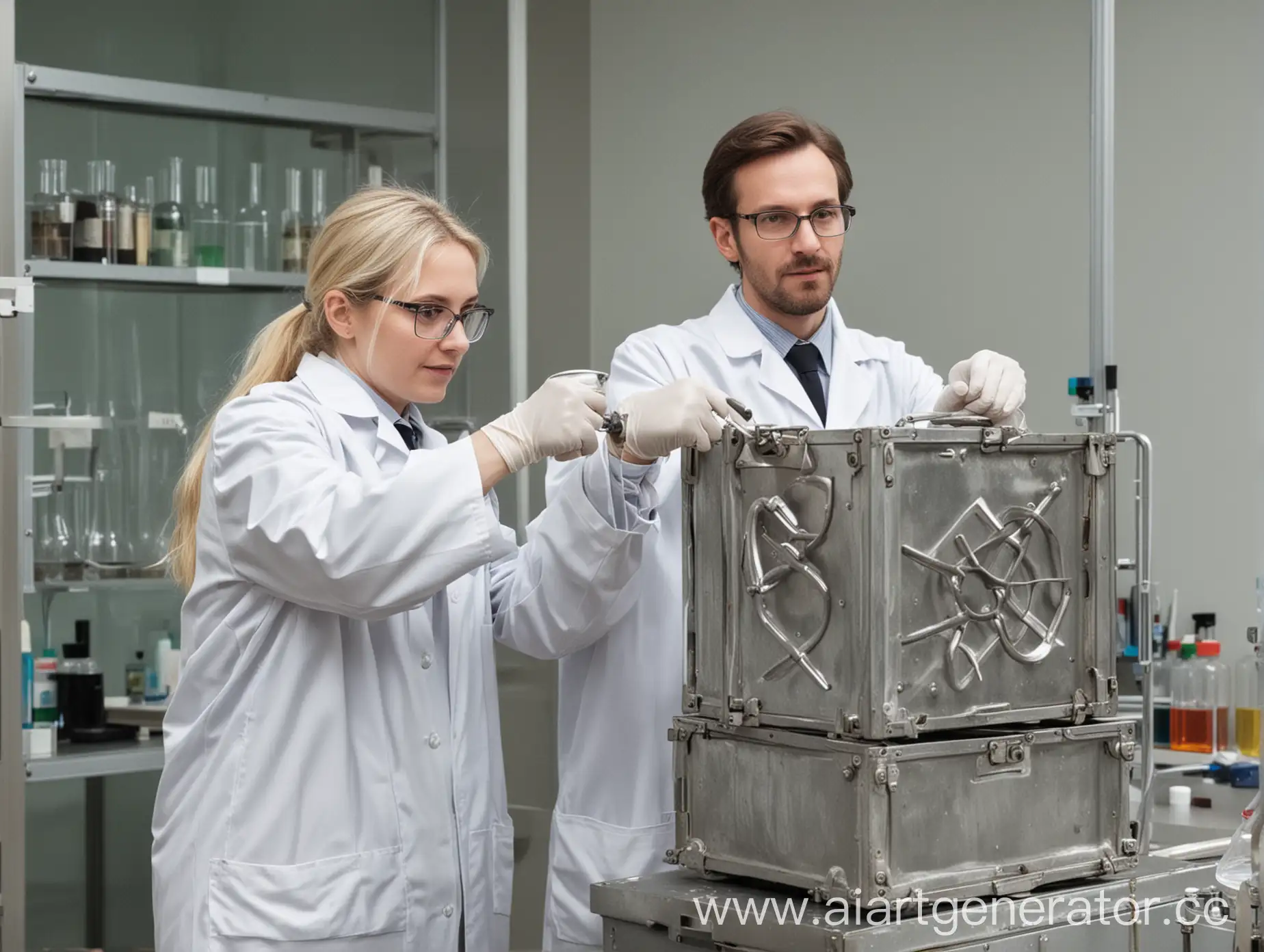два ученых в лаборатории в костюмах переносят что-то в железной коробке