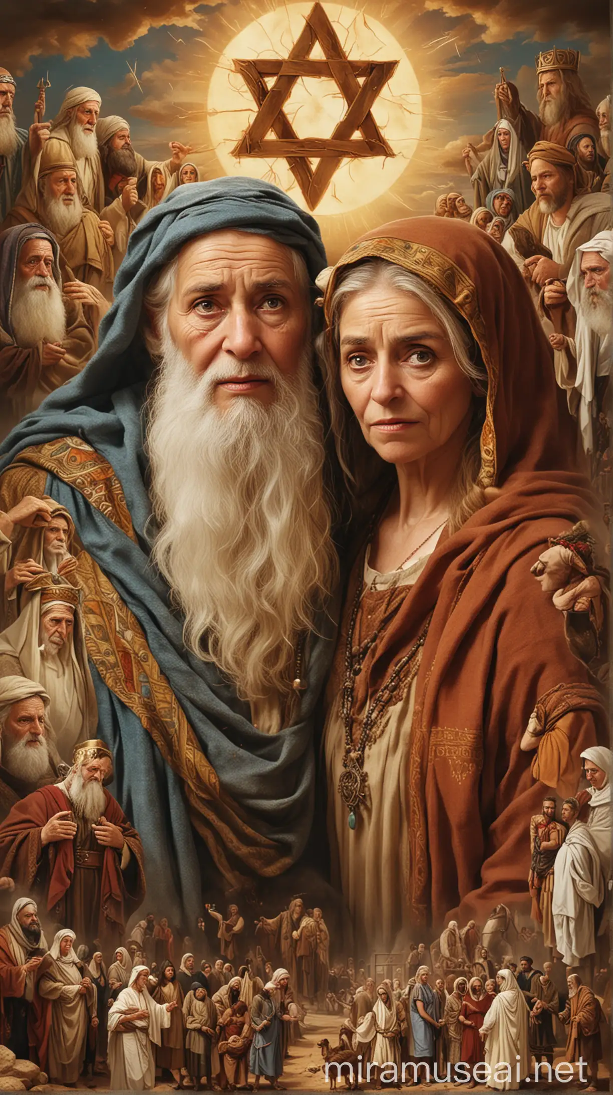 Generate an image depicting Isaac and Rebekah old Jewish parent surrounded by symbolic representations of bitterness, reflecting the challenges they faced due to Esau's choices.