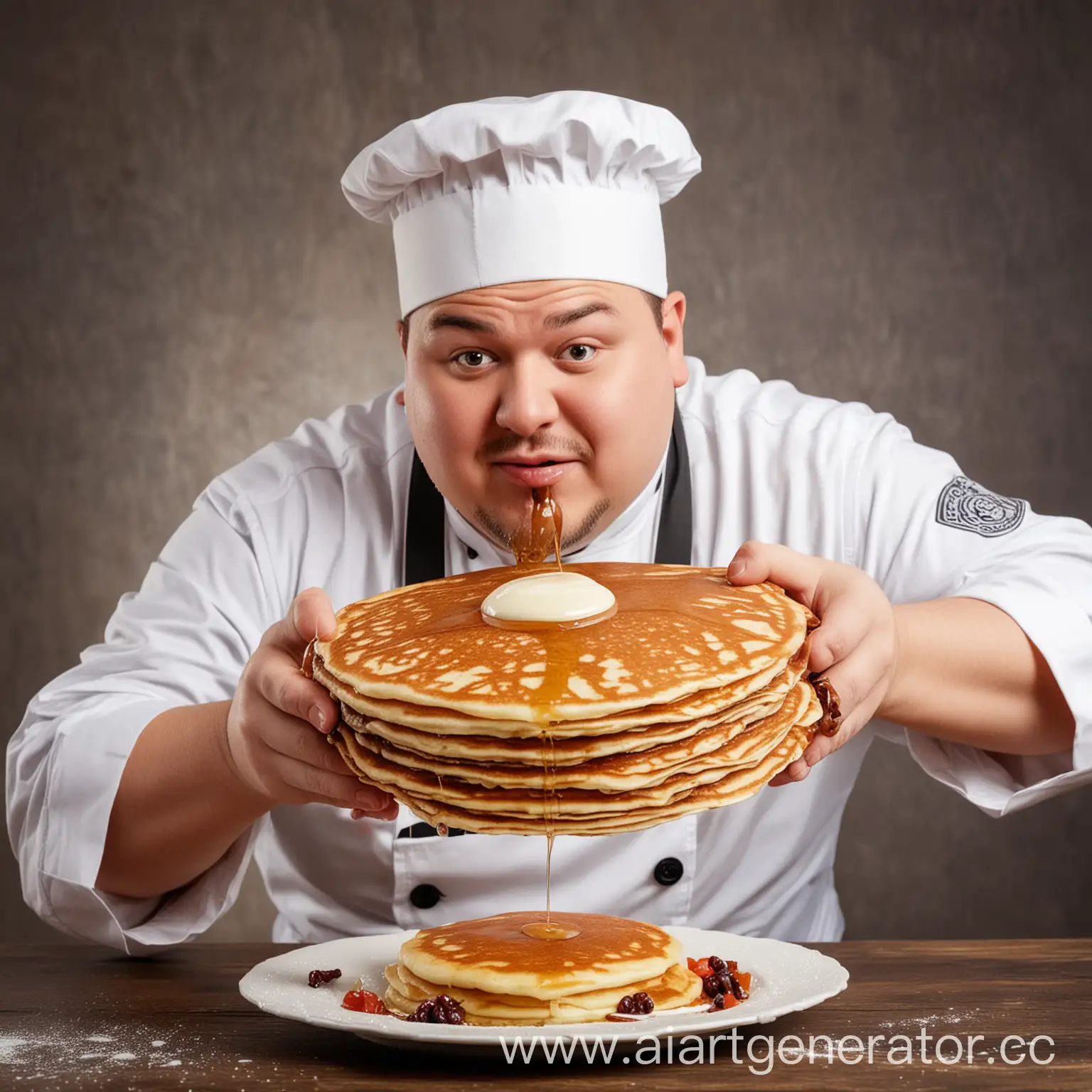 Cheerful-Chef-Cooking-Pancakes-and-Meat-Dish