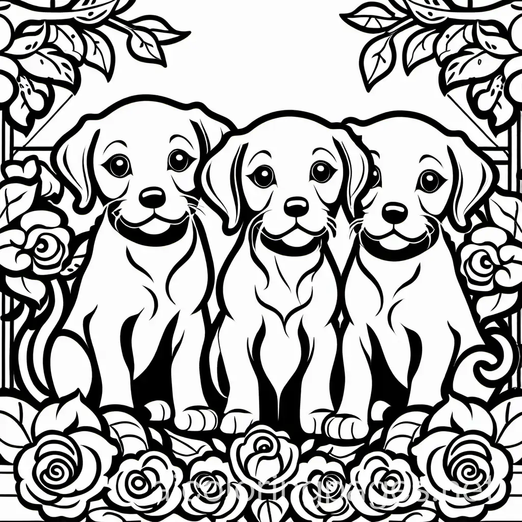 3 puppies in a rose garden, Coloring Page, black and white, line art, white background, Simplicity, Ample White Space. The background of the coloring page is plain white to make it easy for young children to color within the lines. The outlines of all the subjects are easy to distinguish, making it simple for kids to color without too much difficulty
