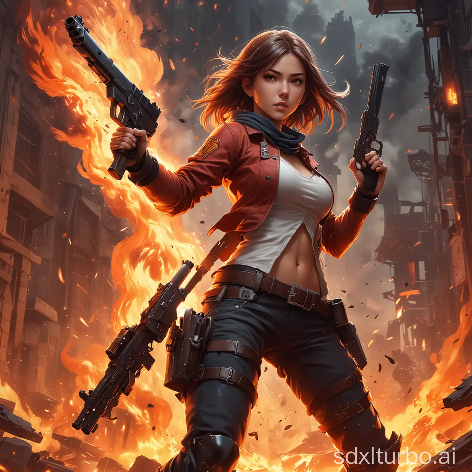 Design a poster for a battle action game in an anime style, depicting a full-body rendered girl with twin pistols, striking a dynamic shooting pose amid blazing fire.