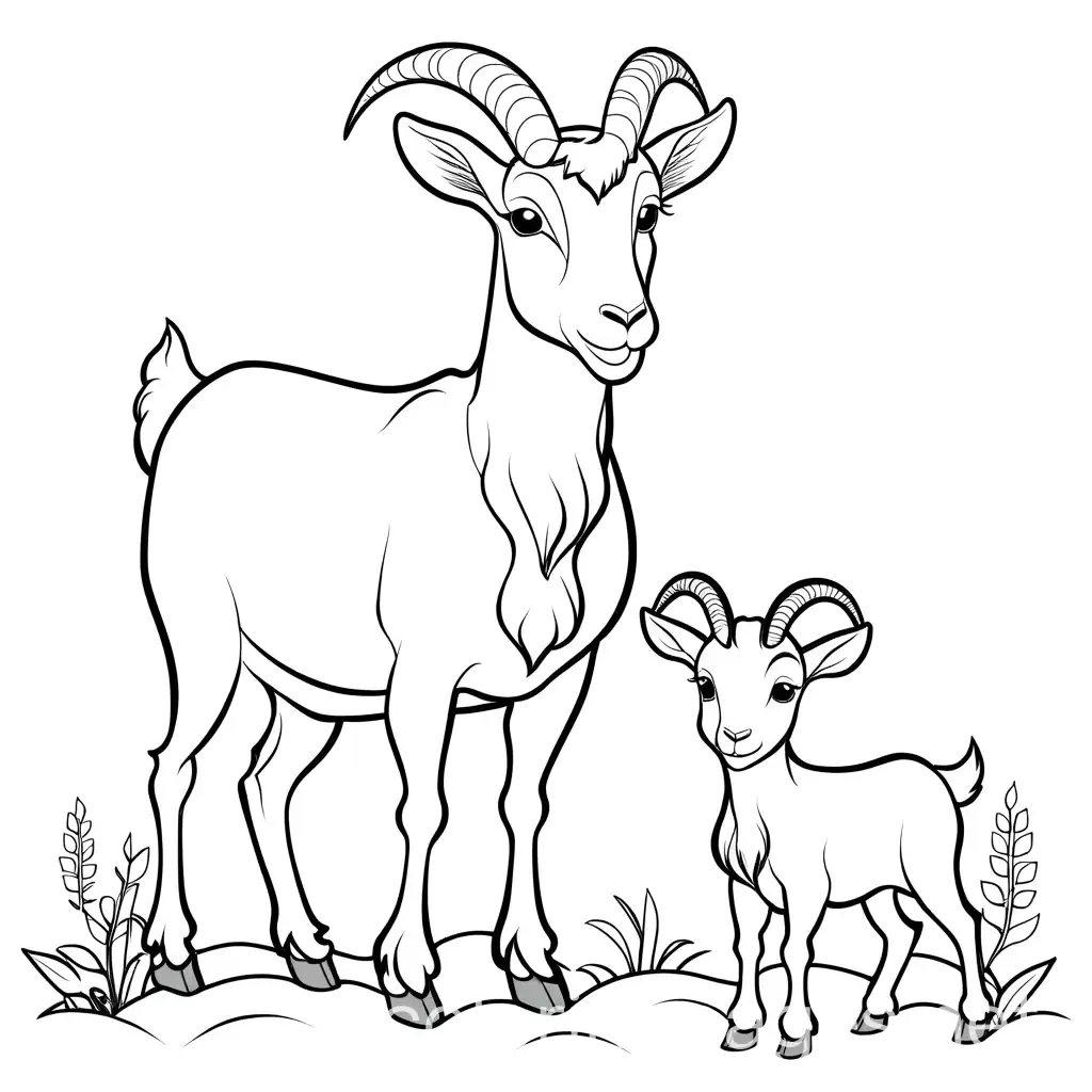A cute smile Goat and its Kid standing next to each other with a white blank background coloring page, Coloring Page, black and white, line art, white background, Simplicity, Ample White Space. The background of the coloring page is plain white to make it easy for young children to color within the lines. The outlines of all the subjects are easy to distinguish, making it simple for kids to color without too much difficulty