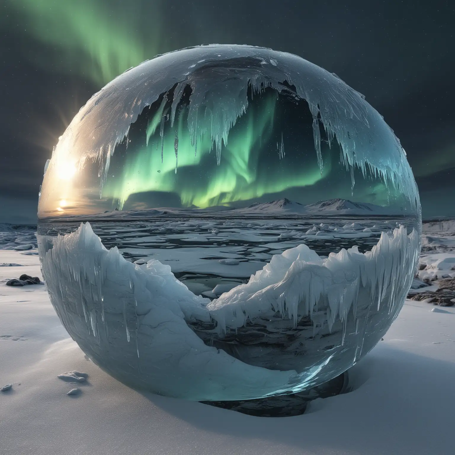 Realistic Ice Sphere with Permafrost and Northern Lights