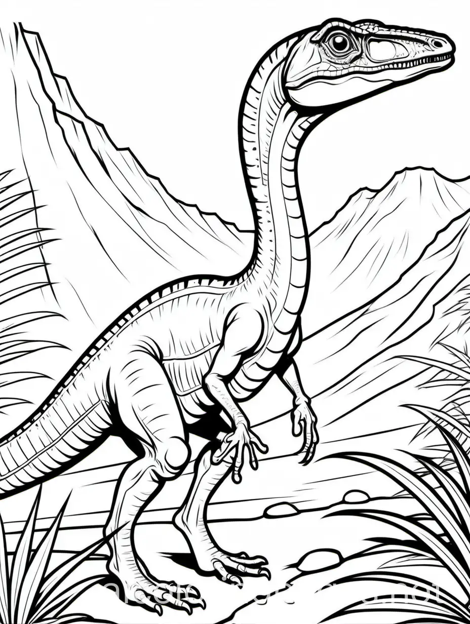 Coelophysis, Coloring Page, black and white, line art, white background, Simplicity, Ample White Space. The background of the coloring page is plain white to make it easy for young children to color within the lines. The outlines of all the subjects are easy to distinguish, making it simple for kids to color without too much difficulty