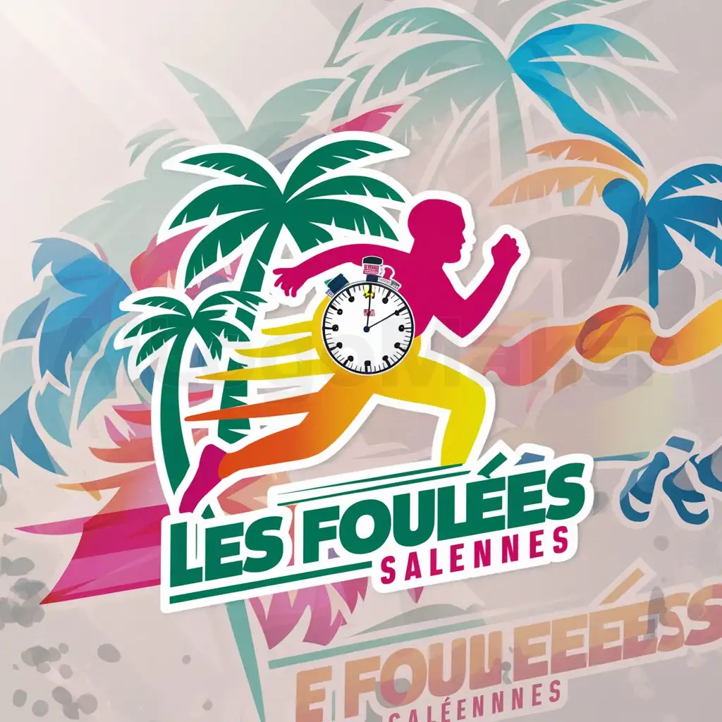 a logo design,with the text "LES FOULEES SALEENNES", main symbol:A multicolored logo promoting a running event with a tropical atmosphere. It should feature palm trees and a stopwatch.,Moderate,be used in Sports Fitness industry,clear background