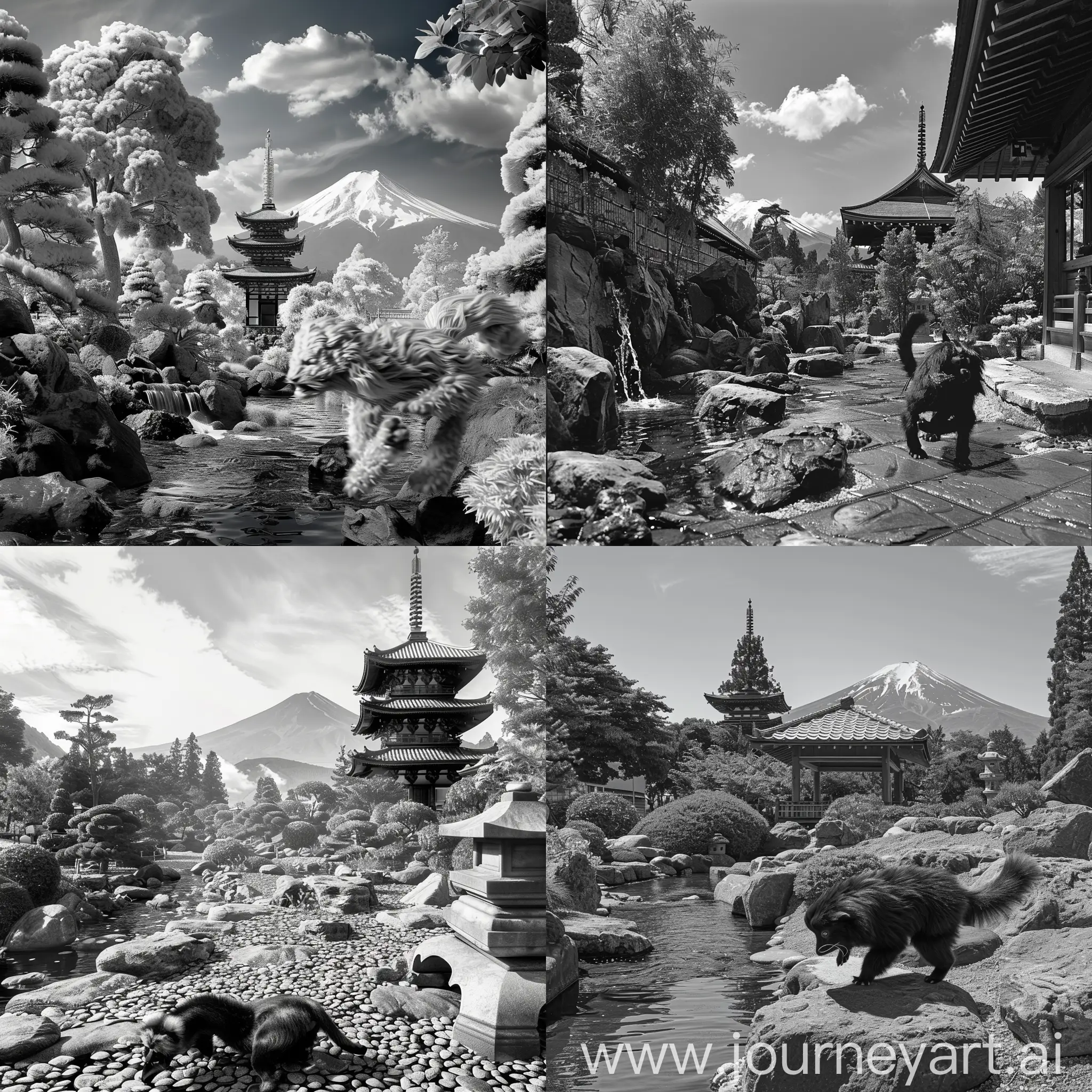  Komainu is preparing to jump the background of a pagoda, in the background of Fujiyama, everything happens in a Japanese rock garden with a stream on the left in the picture japan style 4K monochrome