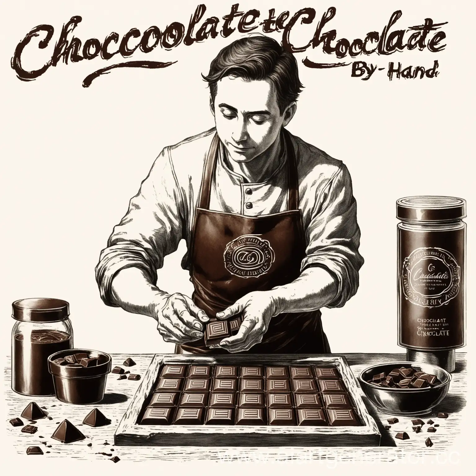 тридцатилетний мужчина делает шоколад ручной работы, гравюра, черно белая, логотип на белом фоне