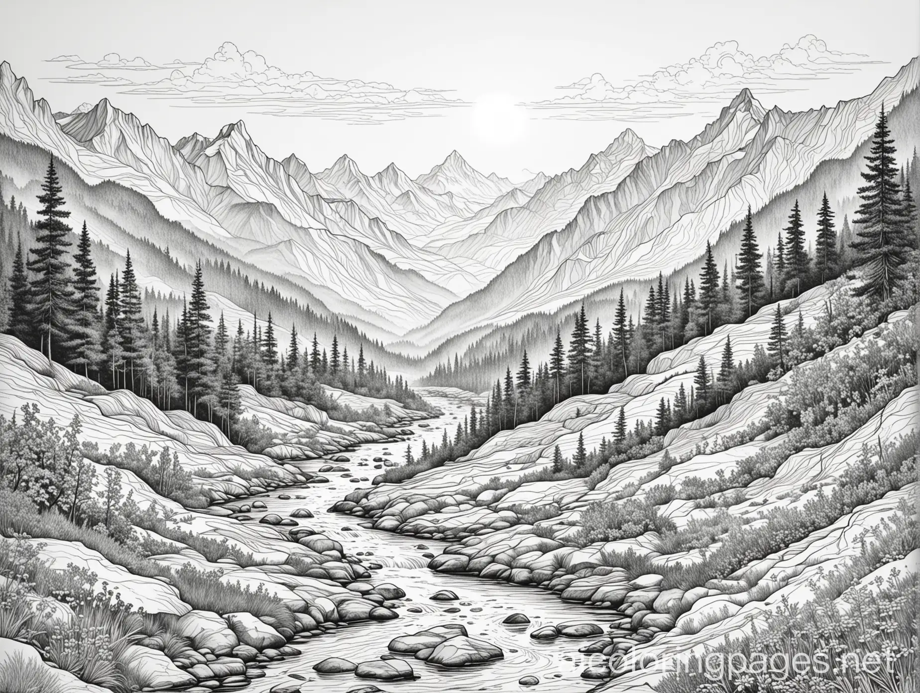 Tranquil-Mountain-Landscape-Coloring-Page-with-Serene-Stream