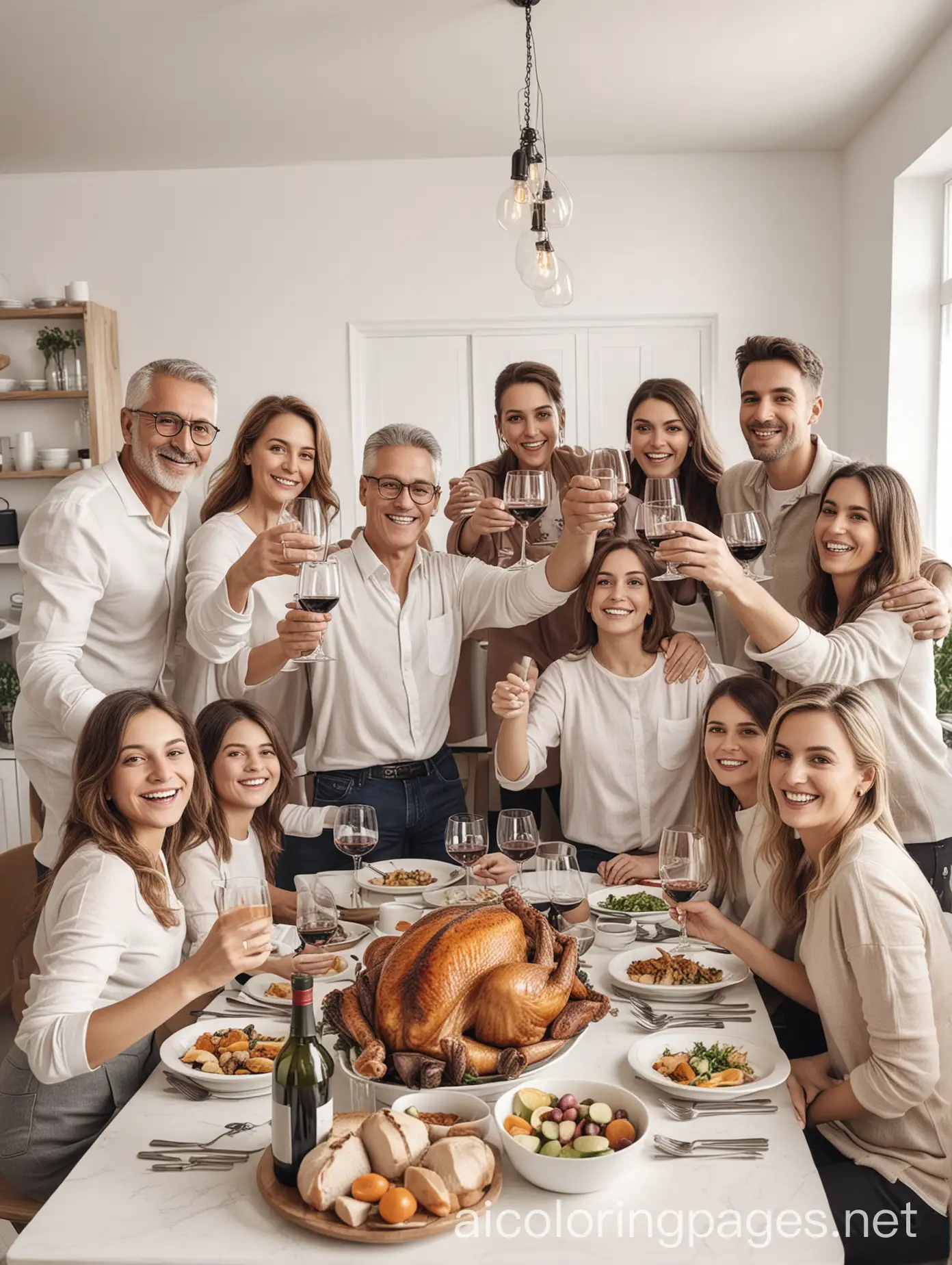 Photo of big family sit feast dishes table around roasted turkey multi-generation relatives making group selfies raising wine glasses juice in living room indoors, Coloring Page, black and white, line art, white background, Simplicity, Ample White Space.