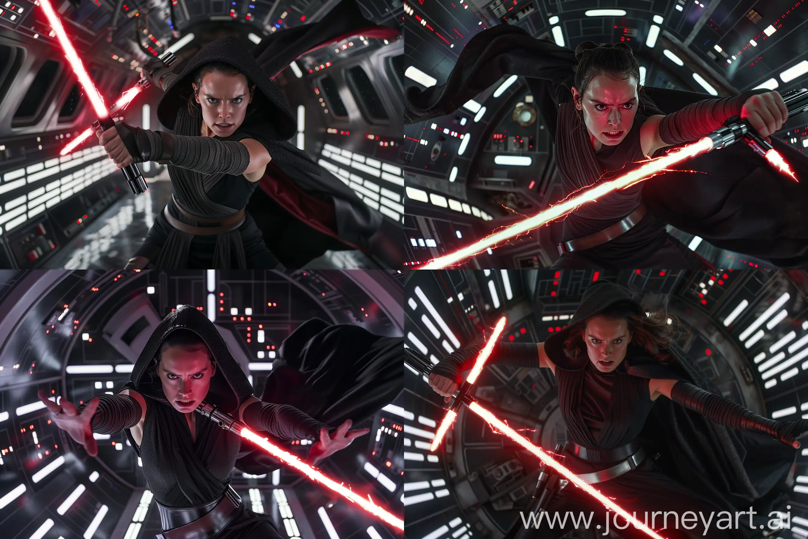 Cinematic still film scenes of new movie of Star Wars, fullbody  Sith Rey With Daisy Ridley's face, with a red double-bladed lightsaber,  wearing all black, wearing a black cape and a hood, sith eyes, live action, reaching out inside of spaceship --v 6.0 --ar 6:4