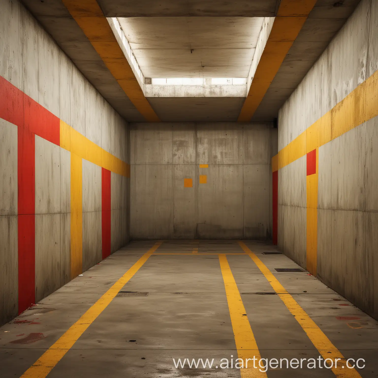 подземная парковка, паркинг, автомобиль, малевичь, абстракционизм на стенах, золото, желтый, красный, бетон