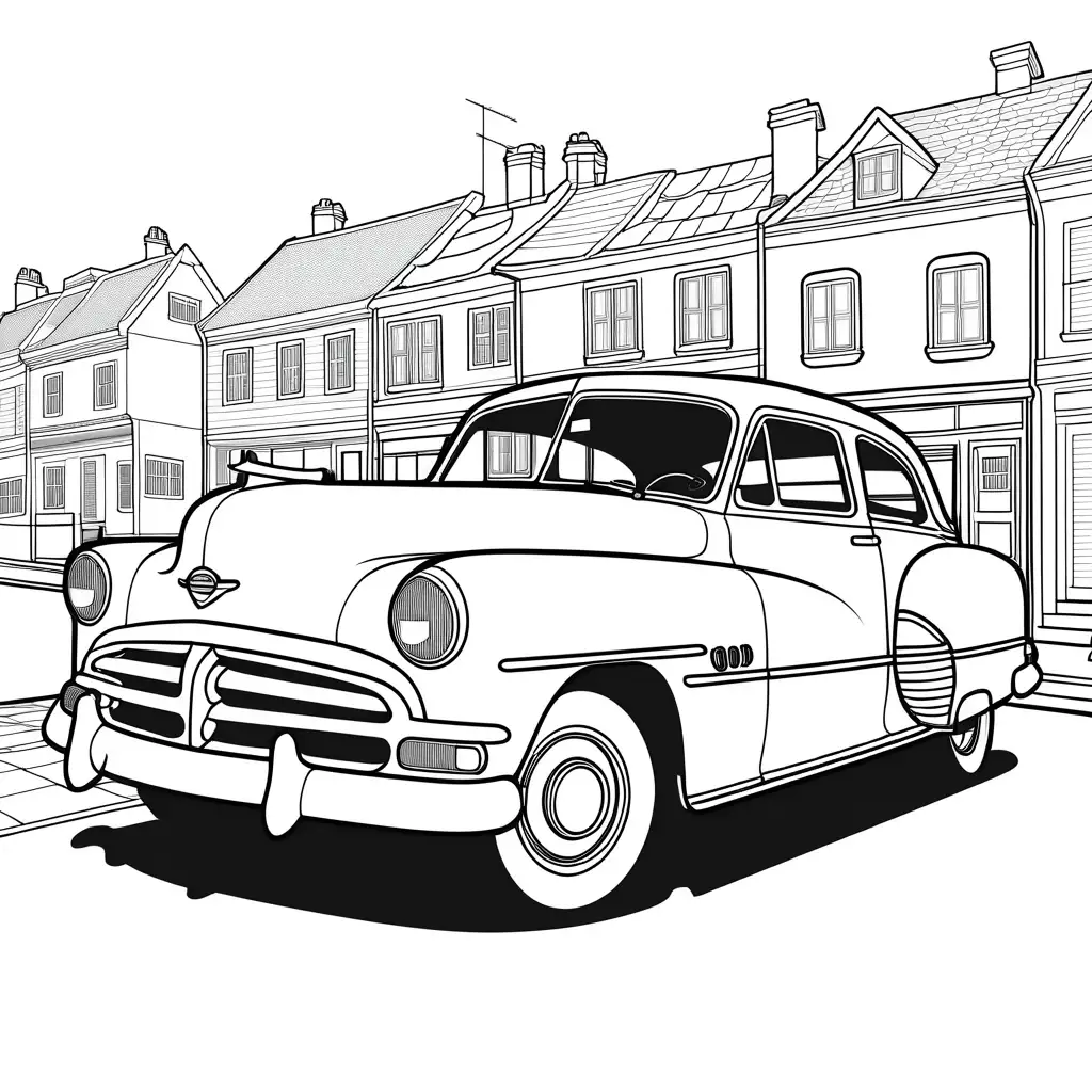 Older car in street on village , Coloring Page, black and white, line art, white background, Simplicity, Ample White Space. The background of the coloring page is plain white to make it easy for young children to color within the lines. The outlines of all the subjects are easy to distinguish, making it simple for kids to color without too much difficulty