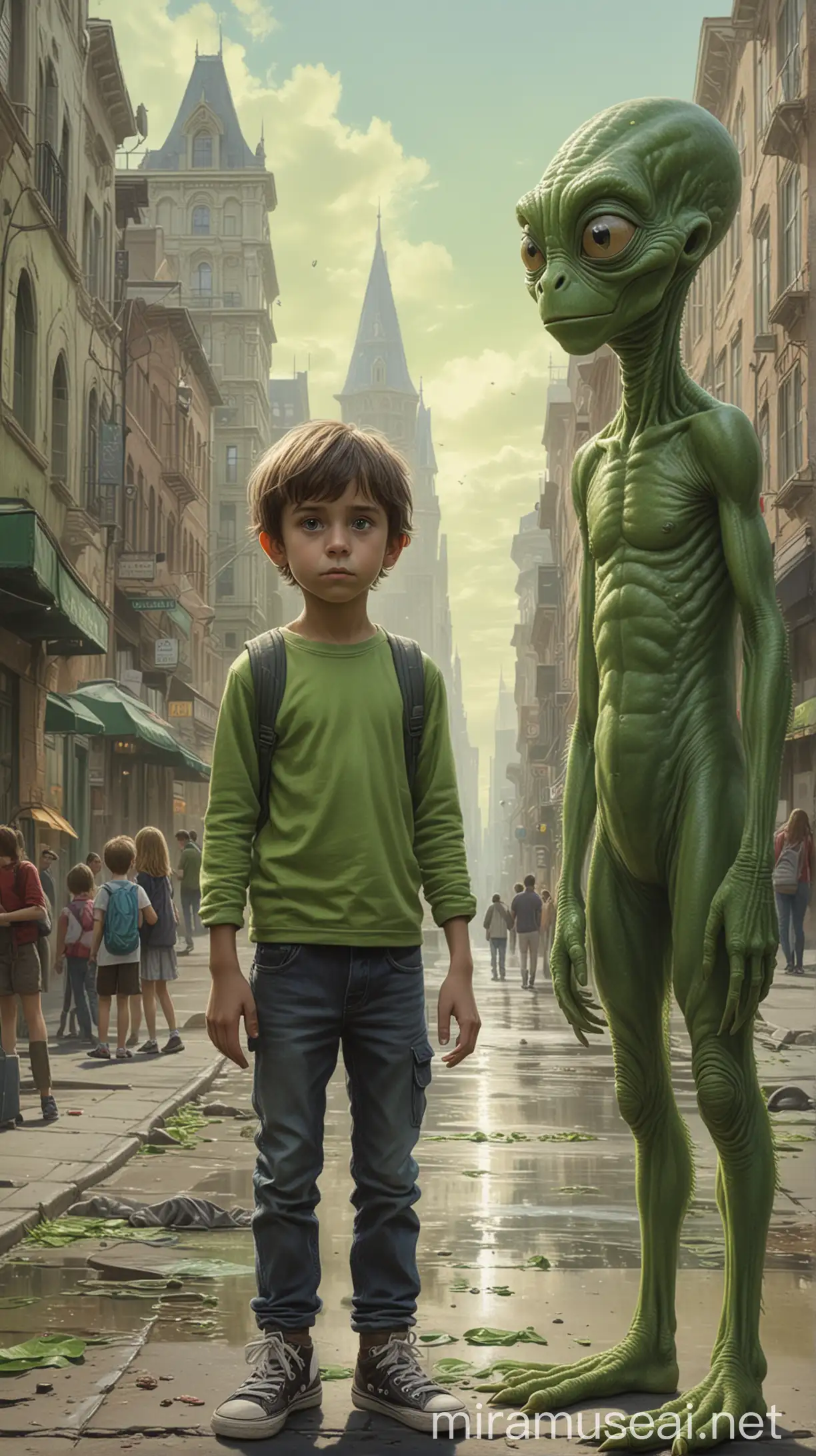 Highly detailed painting, wide view, in a city a boy and a girl stare in surprise at a green alien creature, use only muted colors, high quality, full size