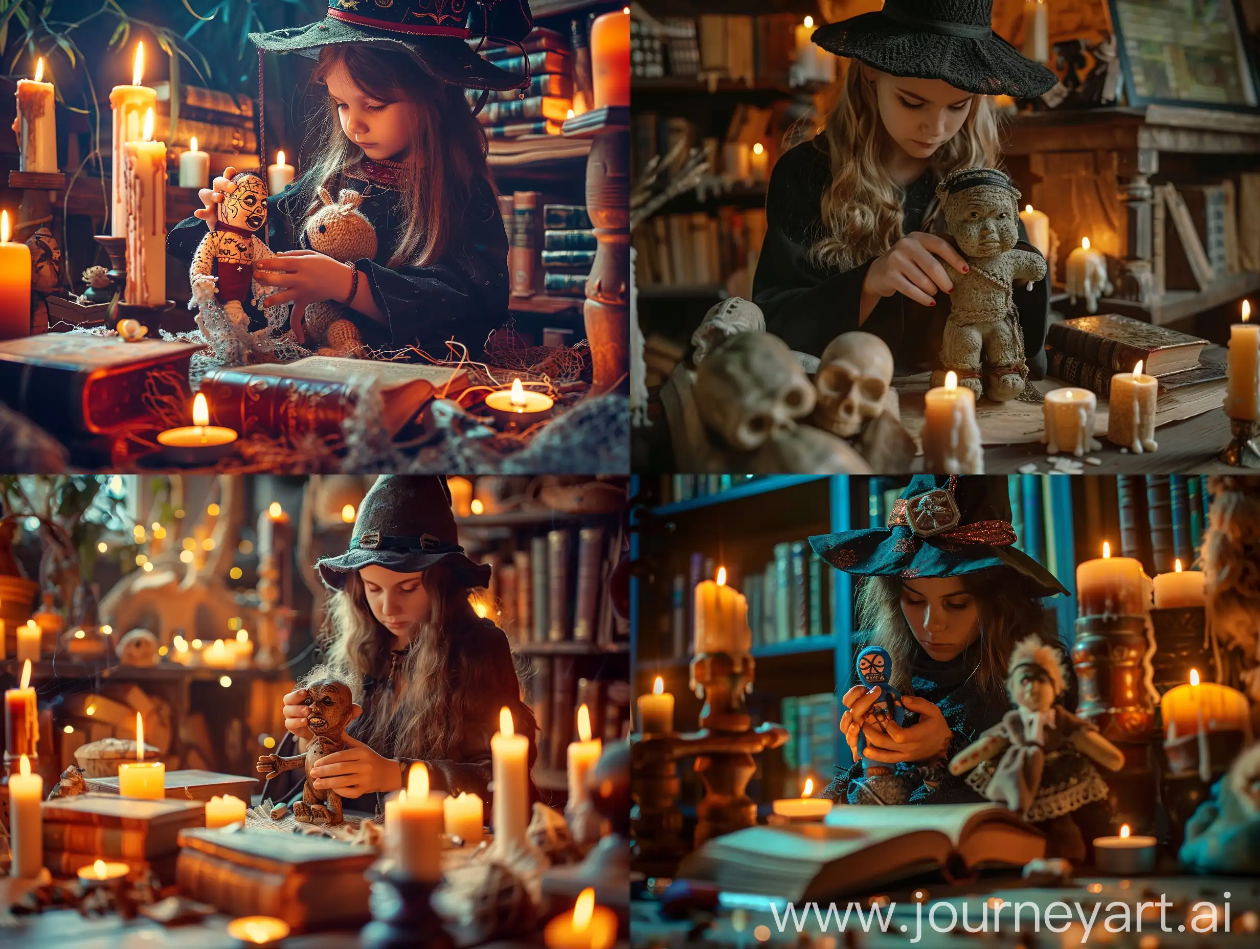 A young witch is using a voodoo doll to cast a spell, very mysterious, a lot of candles and ancient books, a very detailed prize-winning photo, cinematic