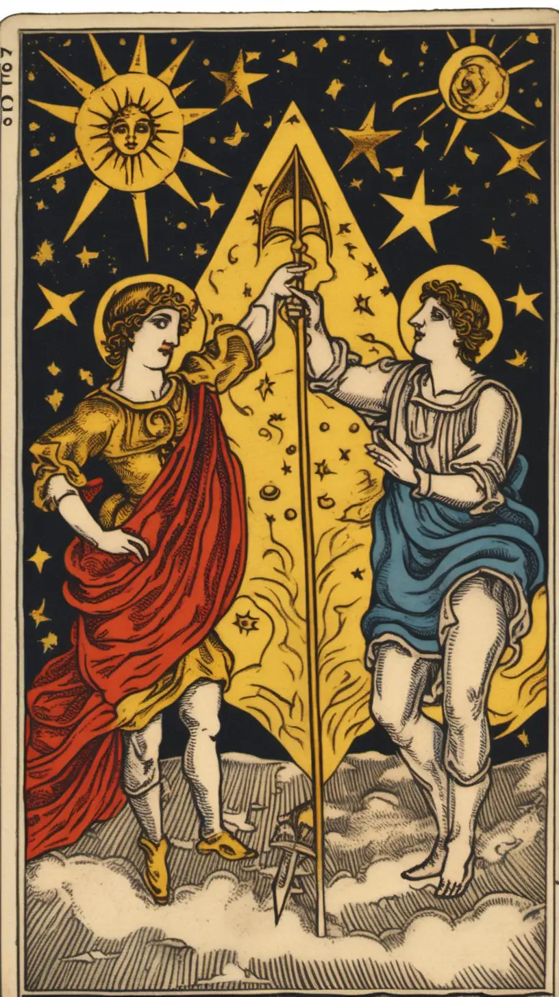 A Tarot card from the Marseille deck, bearing the number 6 in the upper left corner, depicts three androgynous lovers, above them a flying piglet pointing an arrow, the celestial bodies of the sun, moon, and stars illuminate the scene, one lover weeps while another exudes laughter, a triangular labyrinth features a sea of black milk.