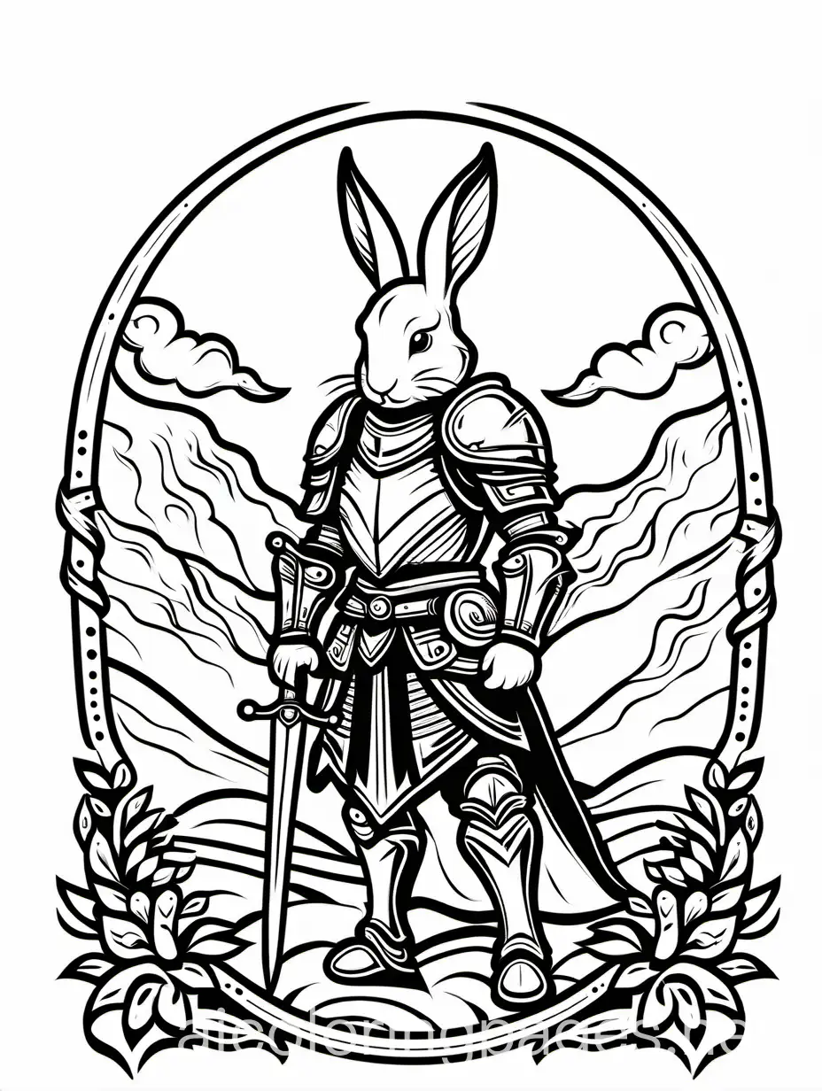 A rabbit knight, dark and brooding, Coloring Page, black and white, line art, white background, Simplicity, Ample White Space. The background of the coloring page is plain white to make it easy for young children to color within the lines. The outlines of all the subjects are easy to distinguish, making it simple for kids to color without too much difficulty