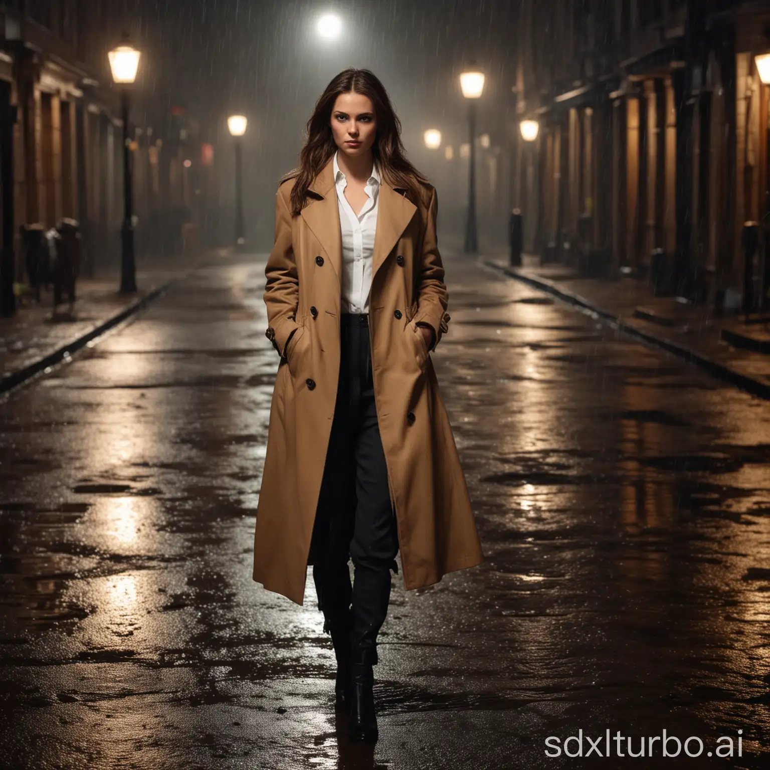 attractive female detective, caucasian female, long open brown coat. white belly free top, black trousers, stern look at viewer, dark city street at night, grim light, street lamps, rainy day, puddles of water