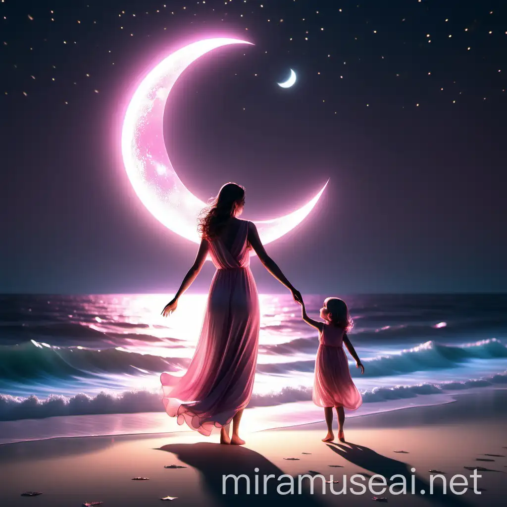 3d 8k minimal realstic illustrator mininal woman with her stunning light dress glittering and shinning beside the ocean catching her daughter hand with pink moon at the midnight