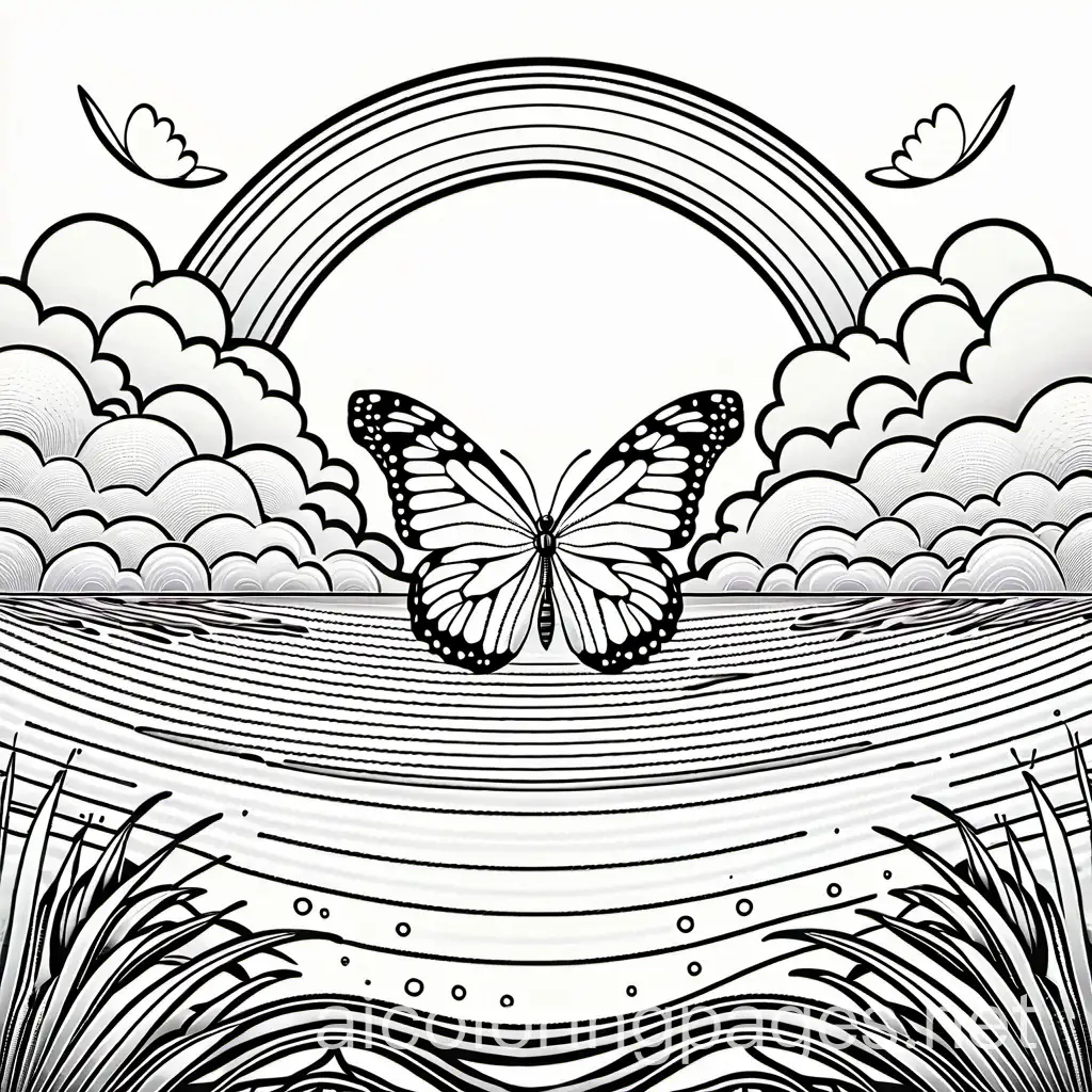 a big butterfly above the water and above the water is the big rainbow , coloring page, black and white, line art, white background, simplicity, wide white space. The background of the coloring page is plain white to allow young children to color in the lines. The outlines of all subjects are easily distinguishable, making it easy for children to color without much difficulty. to draw only what I asked if you draw anything else it should be all in white, Coloring Page, black and white, line art, white background, Simplicity, Ample White Space. The background of the coloring page is plain white to make it easy for young children to color within the lines. The outlines of all the subjects are easy to distinguish, making it simple for kids to color without too much difficulty