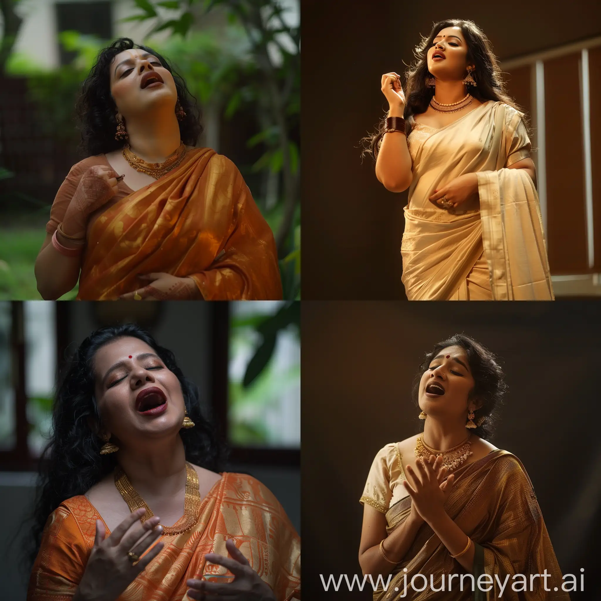 a very beautiful Malayali woman, curvy and alluring, like a porcelain doll singing a song, wearing a honey sweet saree, 85 mm lens, DSLR photography