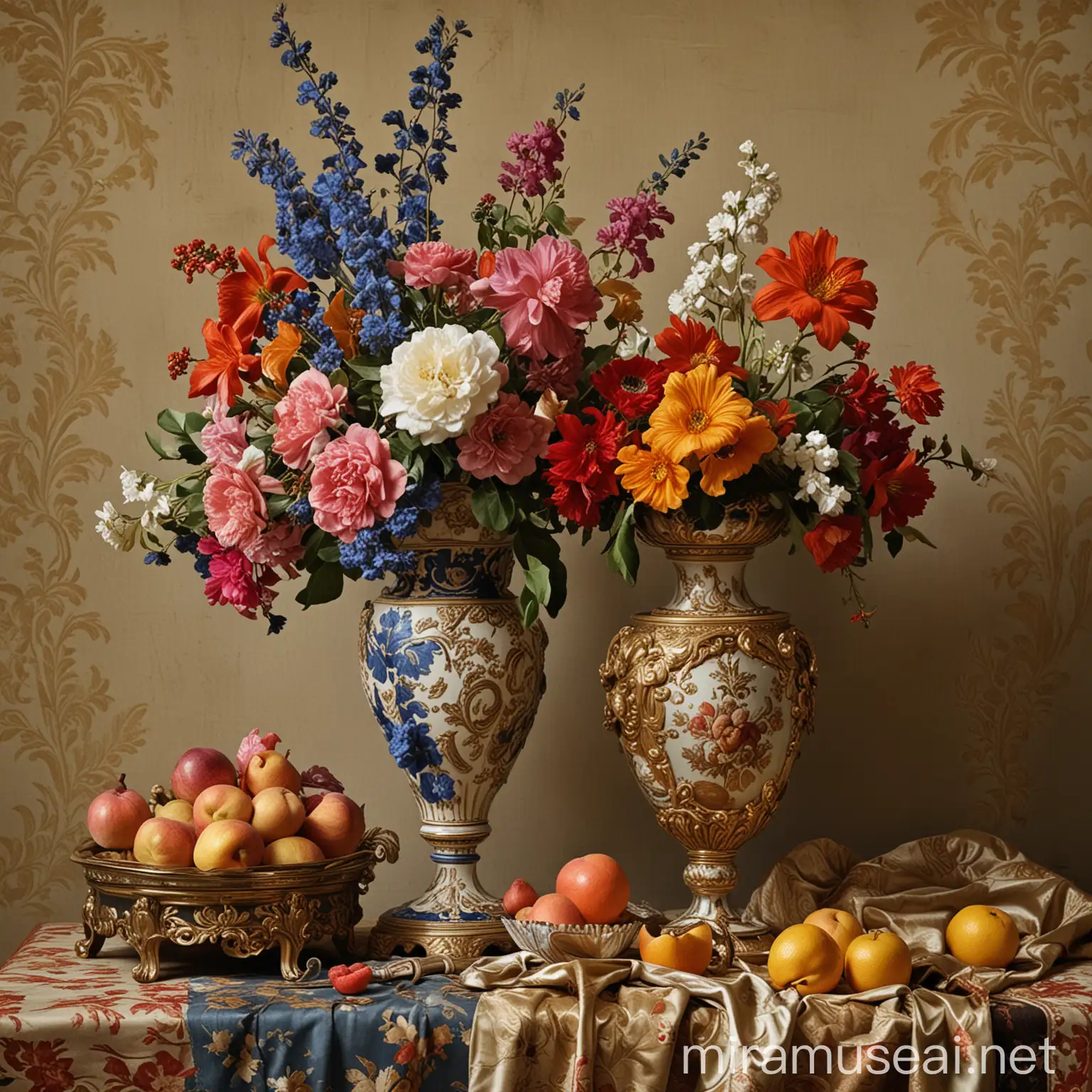 Baroque Still Life Opulent Arrangement of Luxurious Fabrics Ornate Vases Fruit Flowers and Musical Instruments