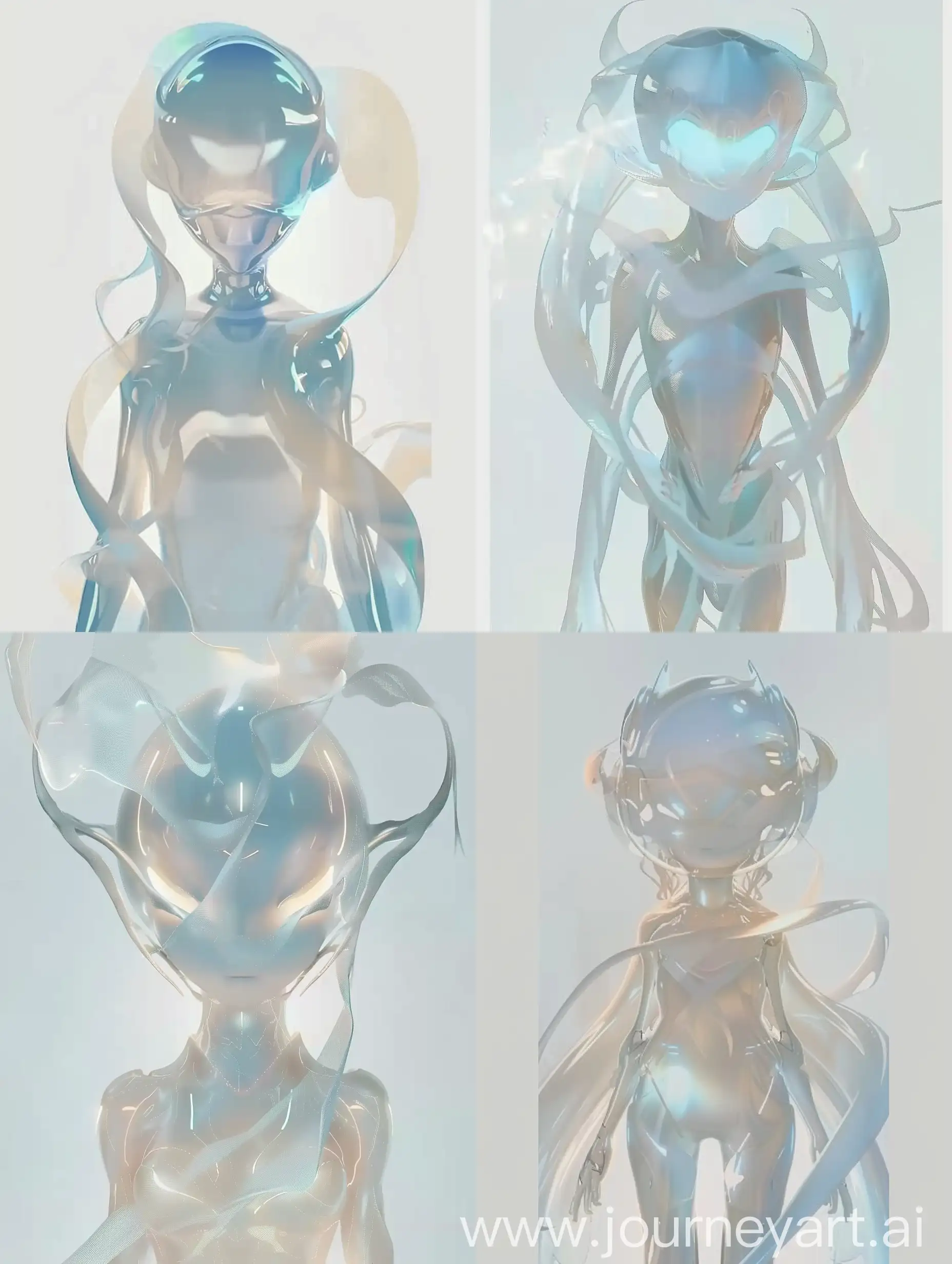 Create an illustration featuring a futuristic, ethereal character with a soft, glowing appearance. The character should have a smooth, metallic surface and delicate, flowing lines that give a sense of otherworldly elegance. Incorporate elements of bioluminescence and a muted color palette, primarily in shades of white, blue, and soft pastels. The design should evoke a feeling of serenity and mystery, with a minimalist background to emphasize the character’s intricate details and luminous quality.