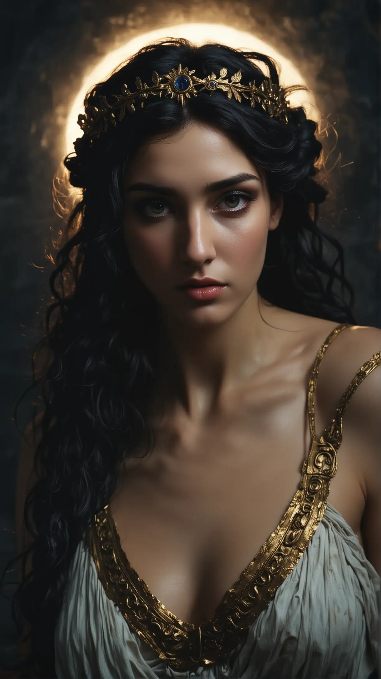 Focus: Nyx, the Greek goddess of the night.

Style:

Choose one or combine for desired effect:
Dramatic lighting with strong contrasts between light and shadow.
Ethereal and dreamlike, with a sense of mystery.
Classical painting style with rich colors and textures.