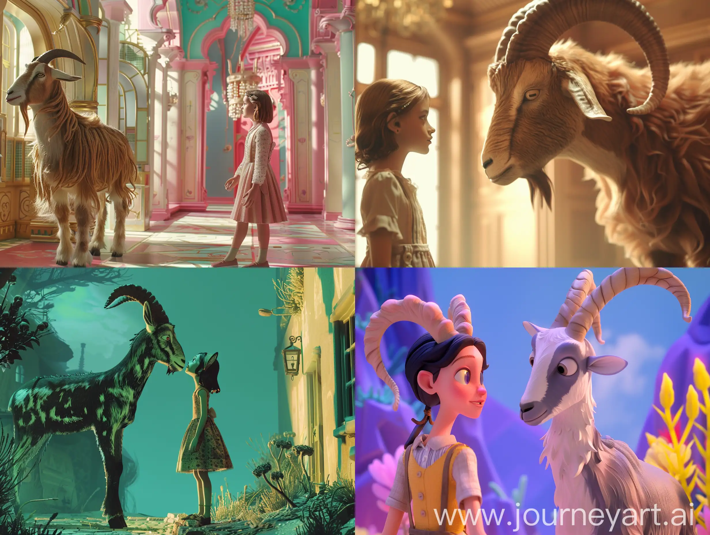 Craft an enchanting dreamworld scene for Midjourney, portraying a whimsical tale of love between a girl and an anthropomorphic goat, using the distinctive Wes Anderson color palette. The focus should be awe-inspiring, leaving viewers in admiration. Integrate strong dramatic elements to enhance the captivating and theatrical effect of the storyline
