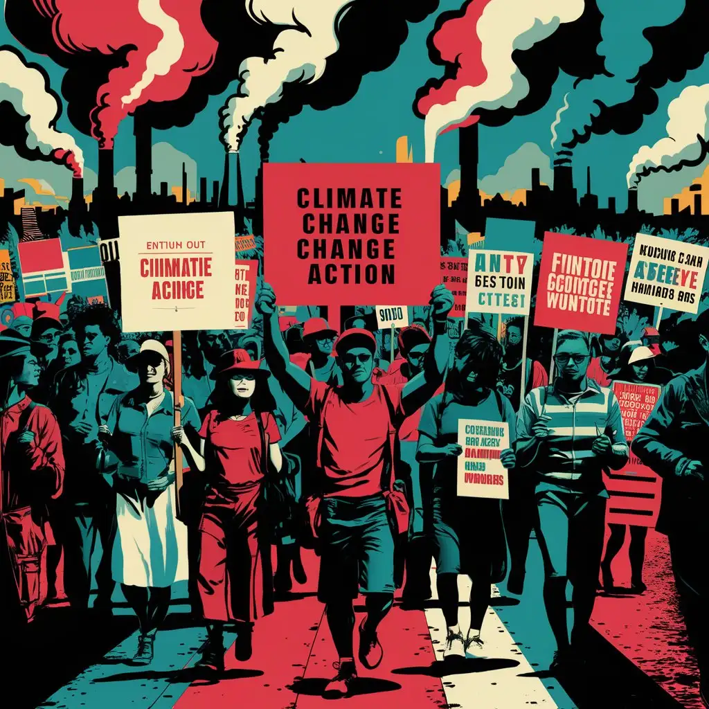 A protest march for climate change action, with diverse participants holding creative signs. (Pop Art style) red white and blue