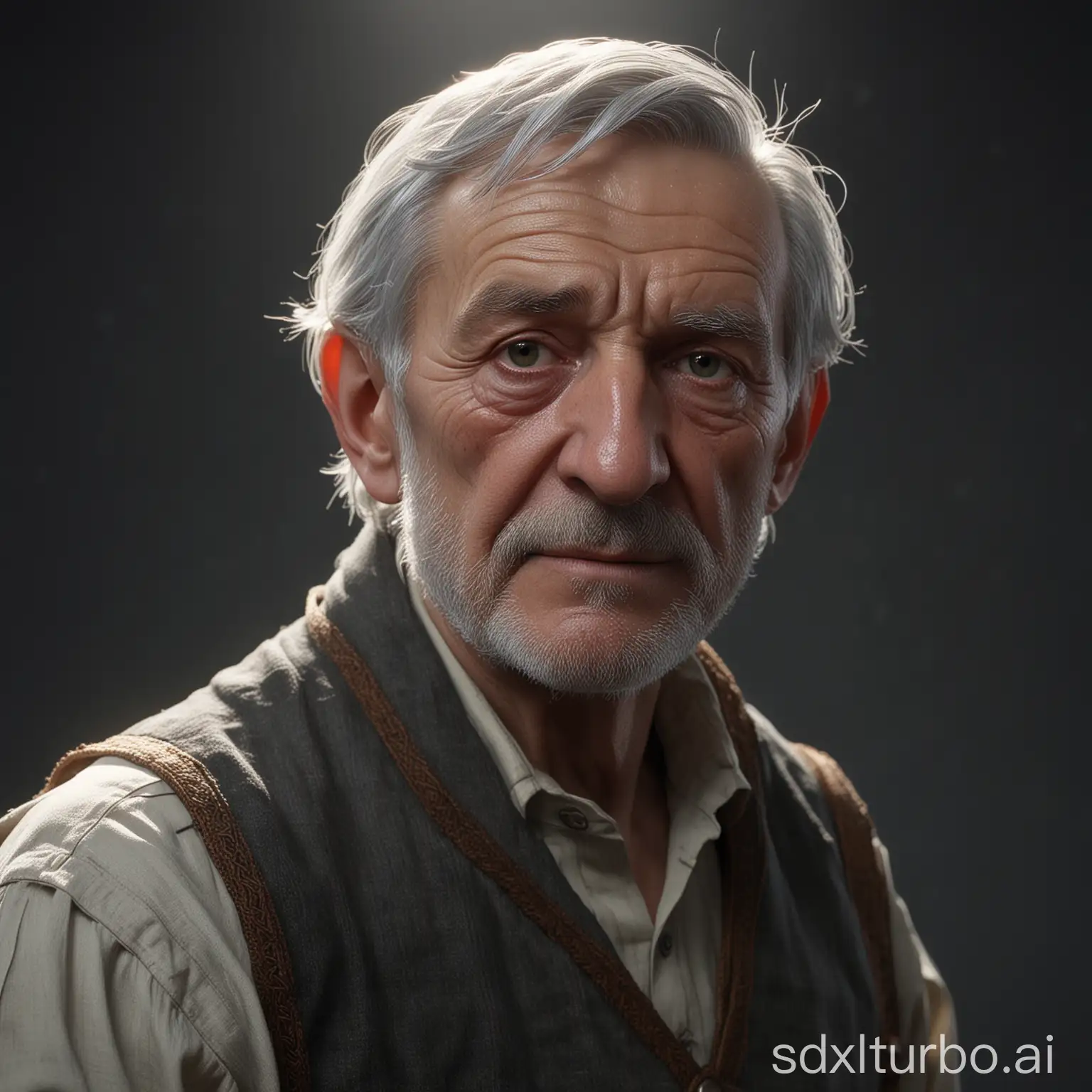 Abraham, an elderly man with gray hair, , dressed in farmer clothes from the time of Middle Ages, Cinematic lighting, Unreal Engine 5, Cinematic, Color Grading, Editorial Photography, Photography, Photoshoot, Shot on 70mm lens, Depth of Field, DOF, Tilt Blur, Shutter Speed 1/1000, F/22, White Balance, 32k, Super-Resolution, Megapixel, ProPhoto RGB, VR, tall, epic, artgerm, alex ross, Halfrear Lighting, Backlight, Natural Lighting, Incandescent, Optical Fiber, Moody Lighting, Cinematic Lighting, Studio Lighting, Soft Lighting, Volumetric, Contre-Jour, dark lighting, Accent Lighting, Global Illumination, Screen Space Global Illumination, Ray Tracing Global Illumination, Red Rim light, cool color grading 45,
